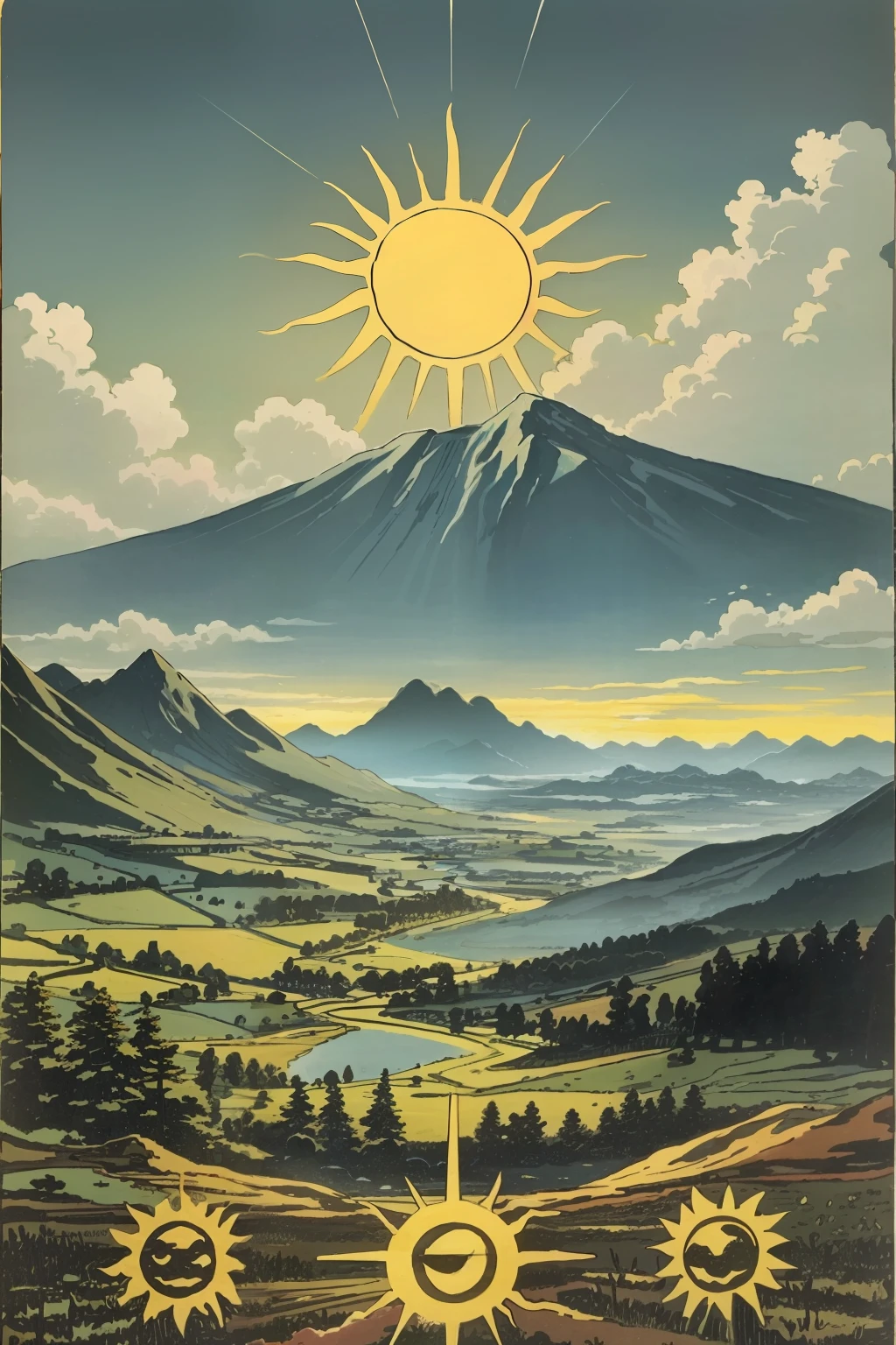 masterpiece, sun, day, warm light, mountains, clouds, clear sky, dawn, beautiful background, secret concept tarot card history card mystery, tarot card, best quality