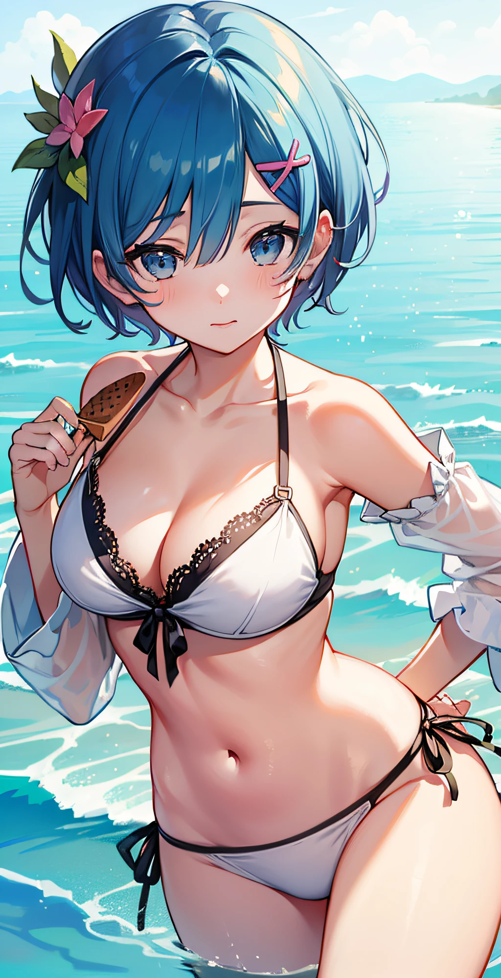masterpiece, best quality;1.3), ultra detailed, ooking at viewer, rem_re_zero, Facial close-up,blue hair, short hair, hair ornament, cleavage, detached sleeves, masterpiece, top quality, best quality, 1 little girl, swimsuit party, in the water,fish,watermelon,cute style, perfect structure, summer theme,(White yarn bikini:1.2),Hand held ice cream,