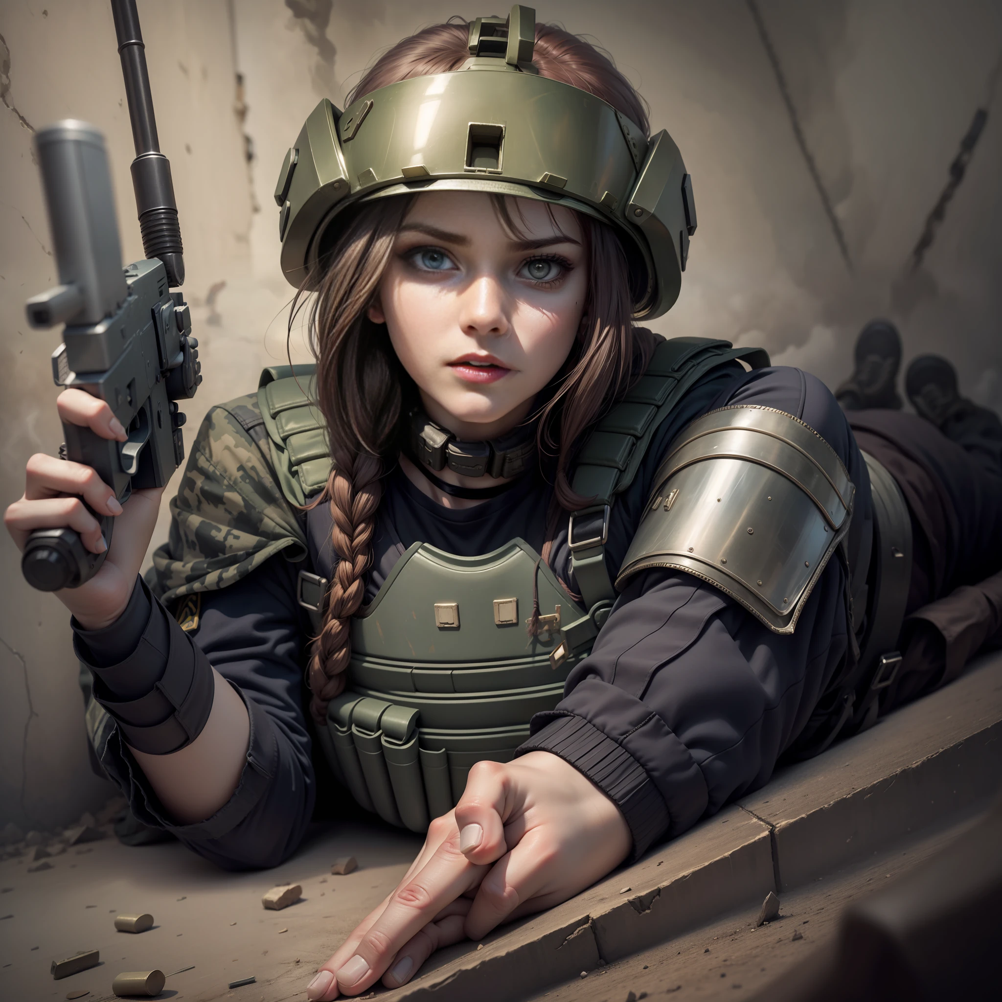 Frightened woman, holding AK47 in her hand, lying on the ground and aiming forward, wearing military equipment, with a terrified expression, a bulletproof helmet on her head, and body armor on her body