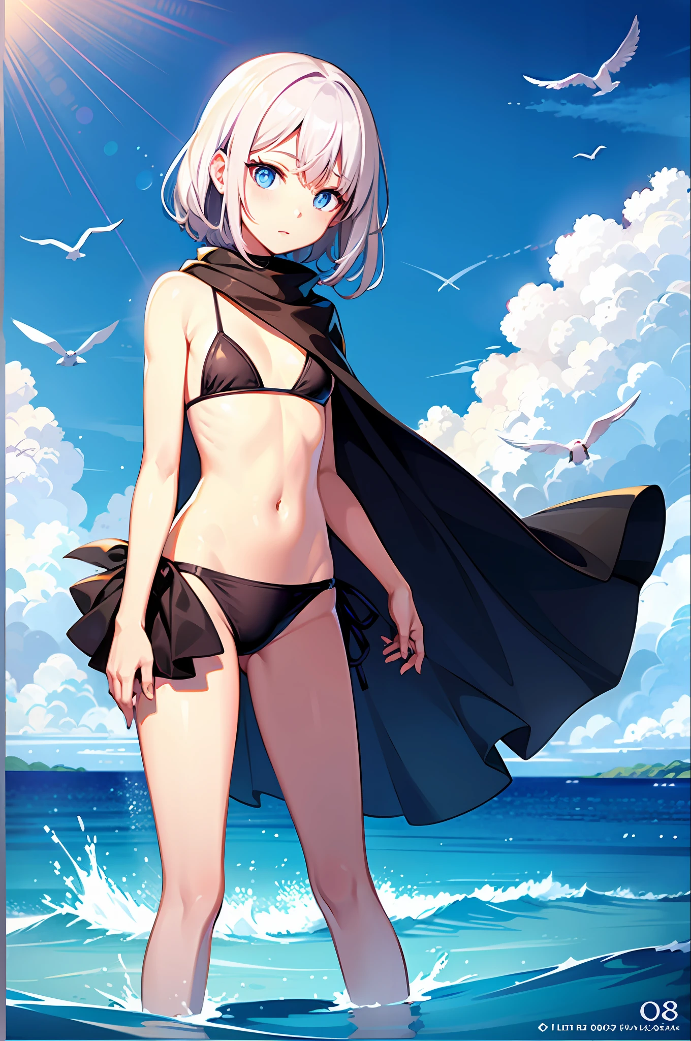 1girl, , ocean, bikini, urine, seagull, flat chest, white hair, high quality, high resolution, dull hair, blue eyes