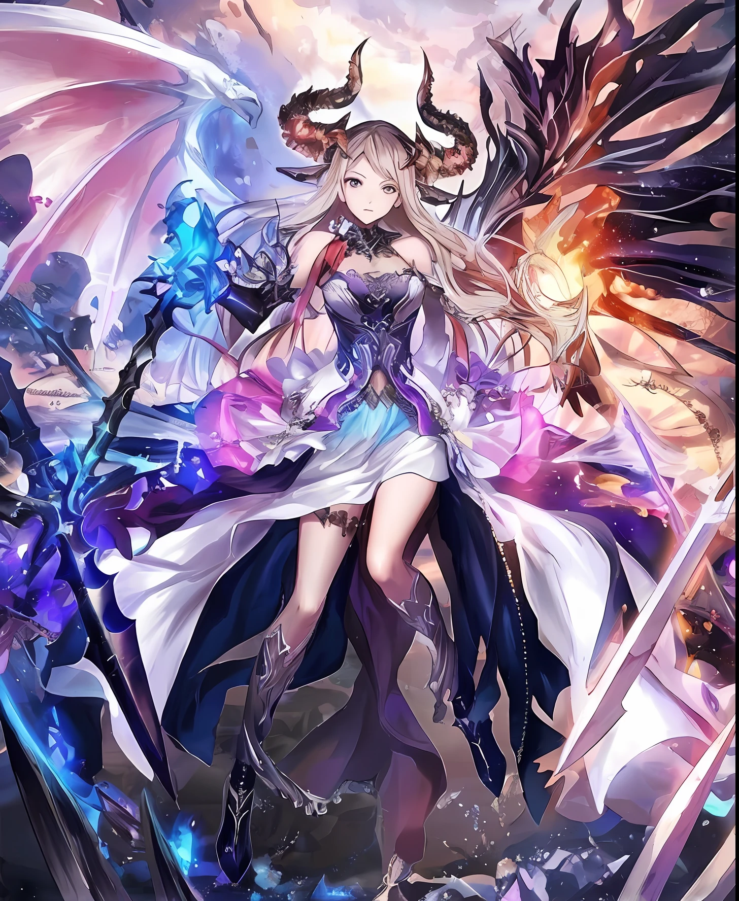a woman in a white dress holding a sword and a dragon, shadowverse style, anime fantasy artwork, anime fantasy illustration, 2. 5 d cgi anime fantasy artwork, anime goddess, detailed key anime art, demon anime girl, anime epic artwork, beautiful succubus, high detailed official artwork, epic anime fantasy, epic fantasy art style hd, shadowverse, angel knight girl