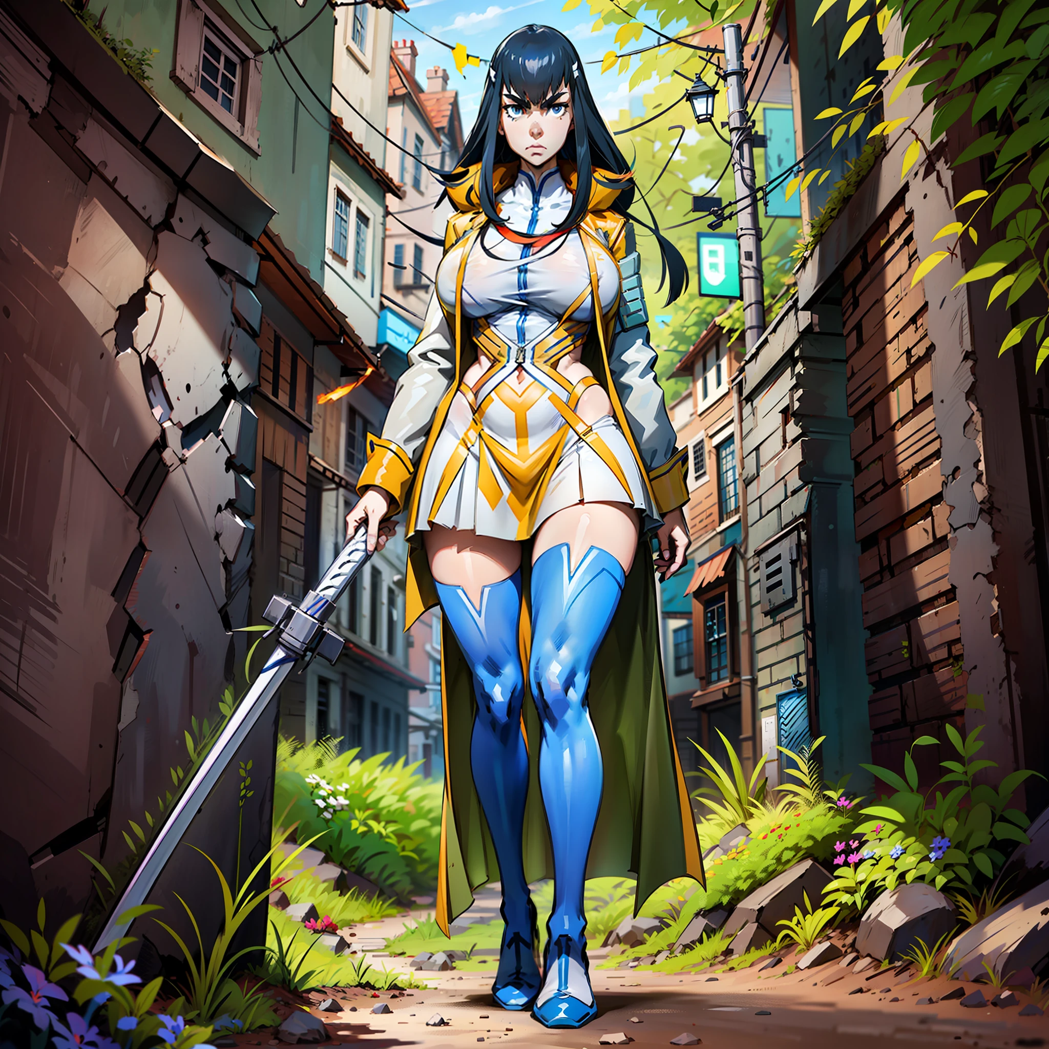 Satsuki Kiryuin, Satsuki Kiryuin from Kill-la-Kill, big breasts, voluminous breasts, curvy breasts, mesh stockings, standing with a katana, full height, bottom view, best quality, very detailed, ultra 8k resolution,huge breast, coat , vest, long skirt, portrait, full body, victorias clothing, long dress, knight, pants, black skinn suit, medieval city, plants, vest,polo shirt, forest