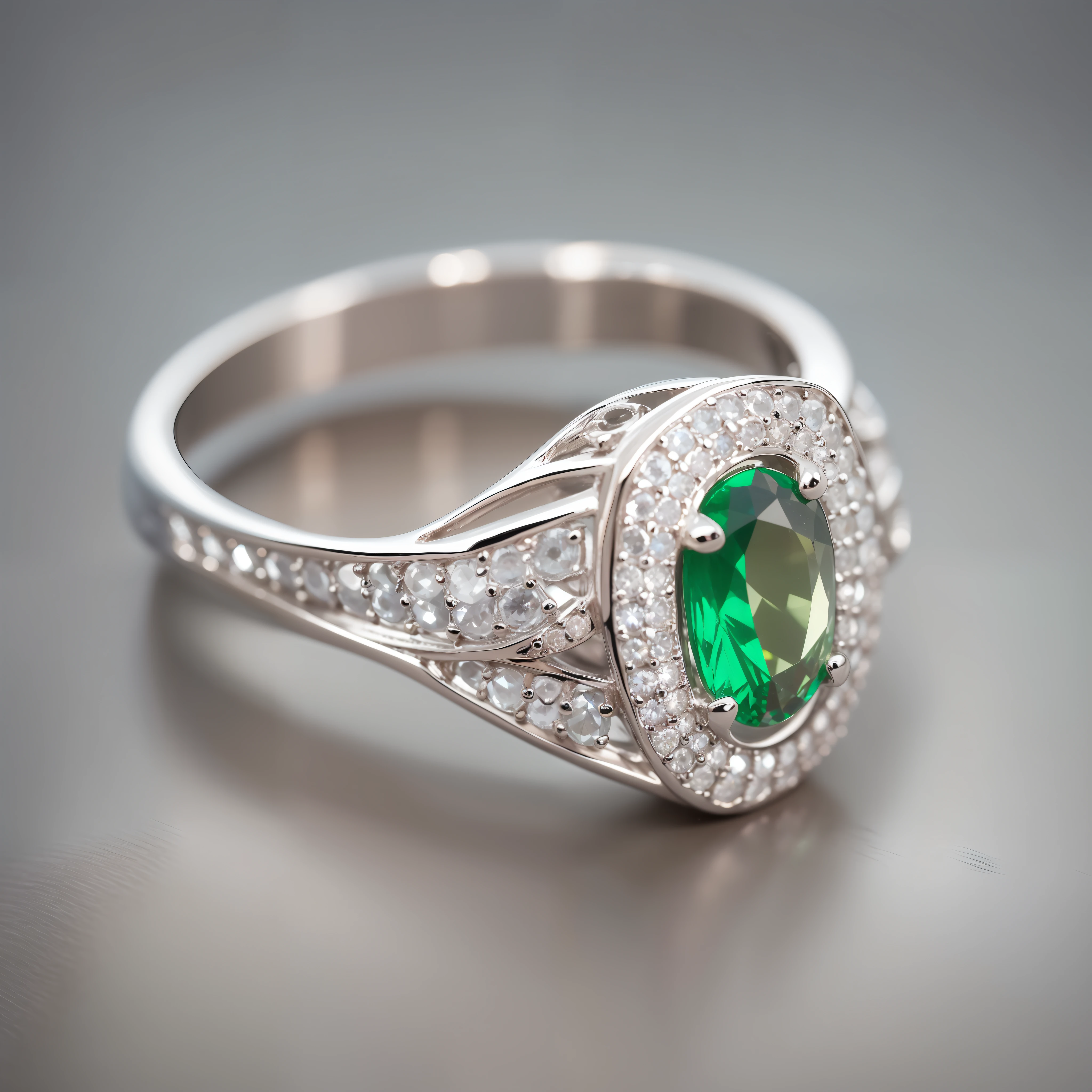 Product photography: silver ring with Diamond and emeralds