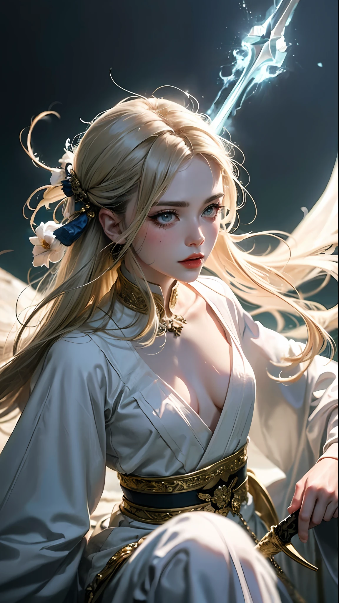 close up of a woman with a sword in a white dress, a character portrait by Artgerm, trending on cgsociety, fantasy art, beautiful character painting, artwork in the style of artgerm, white hanfu, flowing white robes, full body wuxia, epic exquisite character art, stunning character art, beautiful female assassin, epic lightning, snowy backgroud,