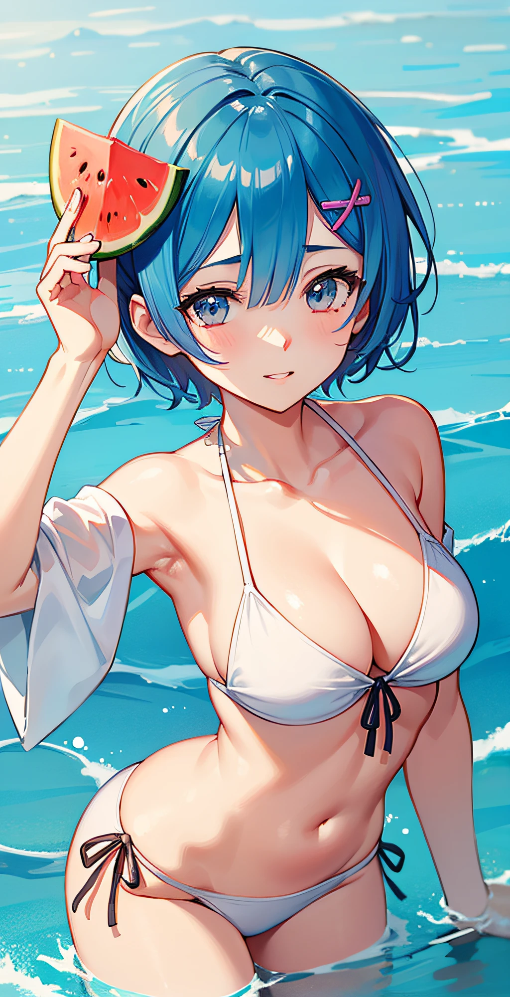 masterpiece, best quality;1.3), ultra detailed, ooking at viewer, rem_re_zero, Facial close-up,blue hair, short hair, hair ornament, cleavage, detached sleeves, masterpiece, top quality, best quality, 1 little girl, swimsuit party, in the water,fish,watermelon,cute style, perfect structure, summer theme,(White yarn bikini:1.2),Hand held ice cream,