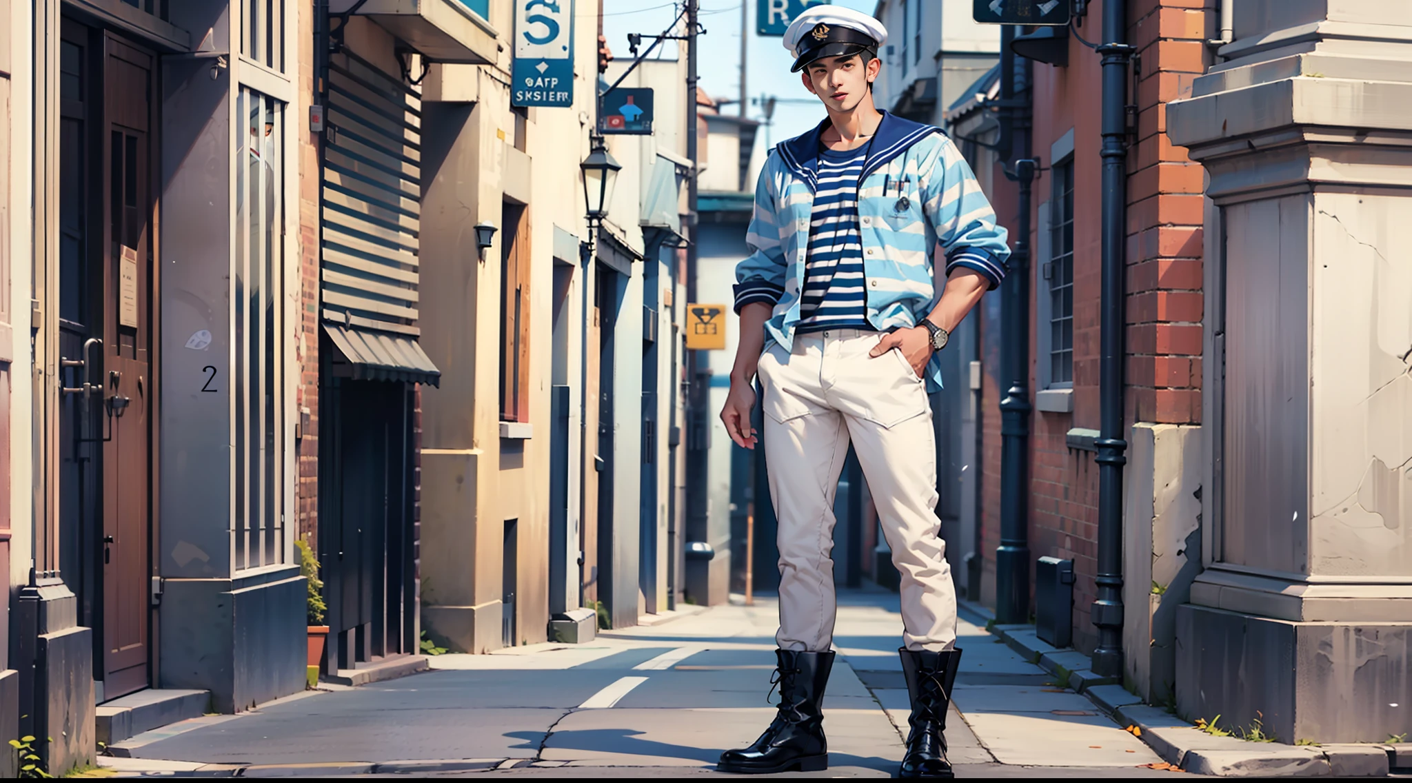 Young male sailor, short hair, sailor hat, blue and white striped shirt, loose pants, leather boots,(Standing posture:1.5),(full body:1.6)