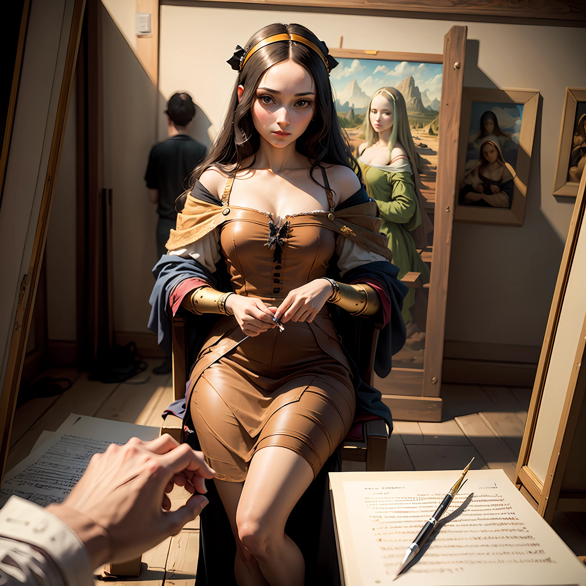 Artist Leonardo da Vinci painting Monalisa, Italian studio setting, 15th century --auto