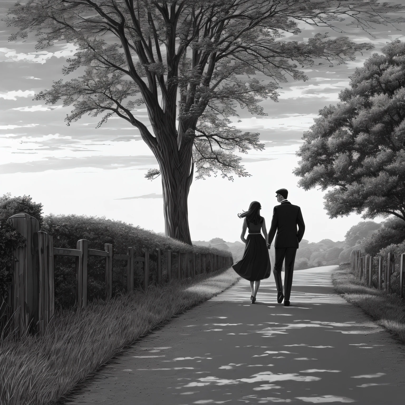 "(grayscale detailed cartoon of romantic couple walking on country lane by artist John Sloane)" --auto