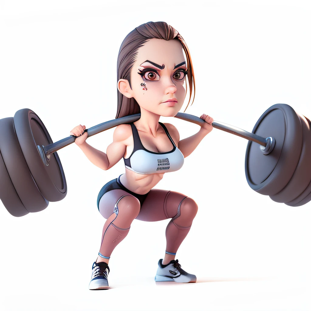 (3D caricature), woman in gym clothes training squat, several large washers, her legs are strong and muscular (brave face) (detailed full body) brown hair, brave face, artwork, detailed face , (deep training) Angry face pushing,Legs wide apart and slightly bent, (detailed eyes) (Detailed face) (Looking at viewer) (Slightly big face) (Detailed brown eyes looking at viewer)(perfect detailed face)