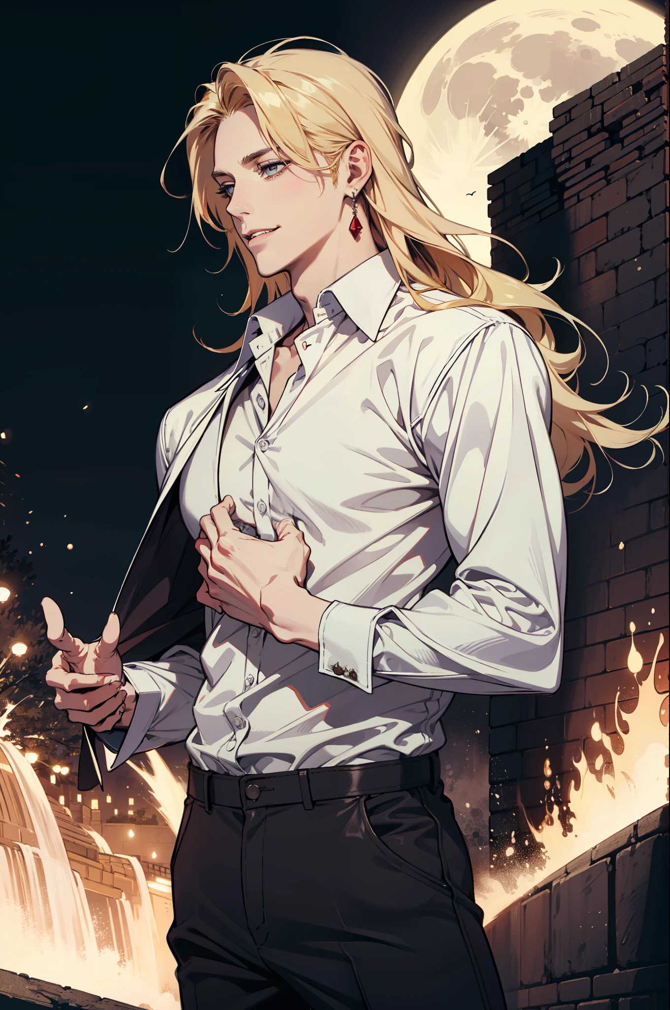 (absurdres, highres, ultra detailed), 1man, 30 years old man, adult man, handsome, tall,, finely detailed eyes and detailed face, leather pants, (((white shirt))), night, smile, dutch angle, ((long hair, blonde hair)), moon, gold details, earrings, gothic, vampire, vampire prince, dark, simple clothes, looking at the view, pale skin, red detailed eyes, (masculine), sexy, elegant, long bangs, detailed hands