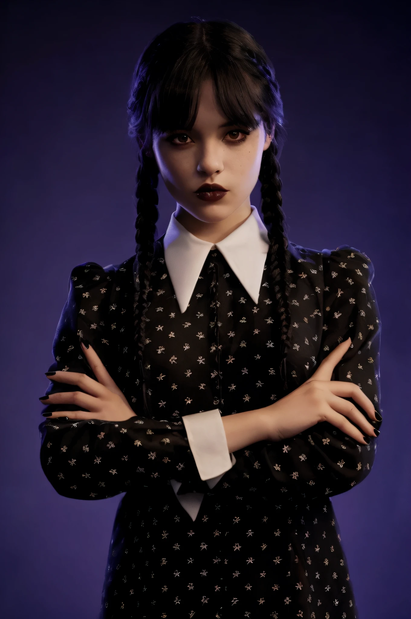 arafed woman with braids and a black dress with a white collar, wednesday addams, as wednesday addams, school girl in gothic dress, portrait of cute goth girl, with black pigtails, 1 7 -  - old h girl, goth girl, portrait of a ominous girl, dreamy gothic girl, gothic girl dressed in black, portrait of a young witch girl