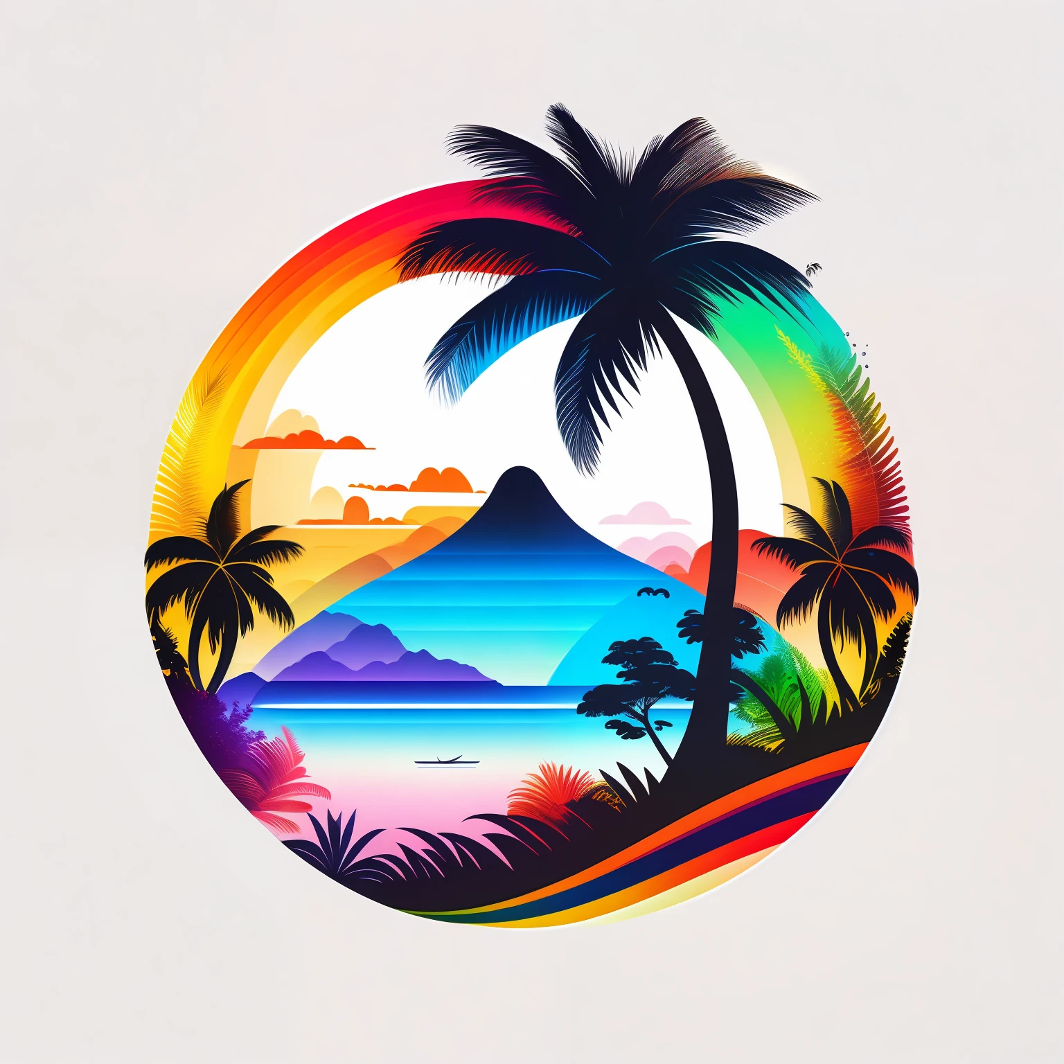 Coconut tree in summer landscape, island, rainbow, colorful color, t-shirt design, rzminjourney, vector art, circular silhouette, white background