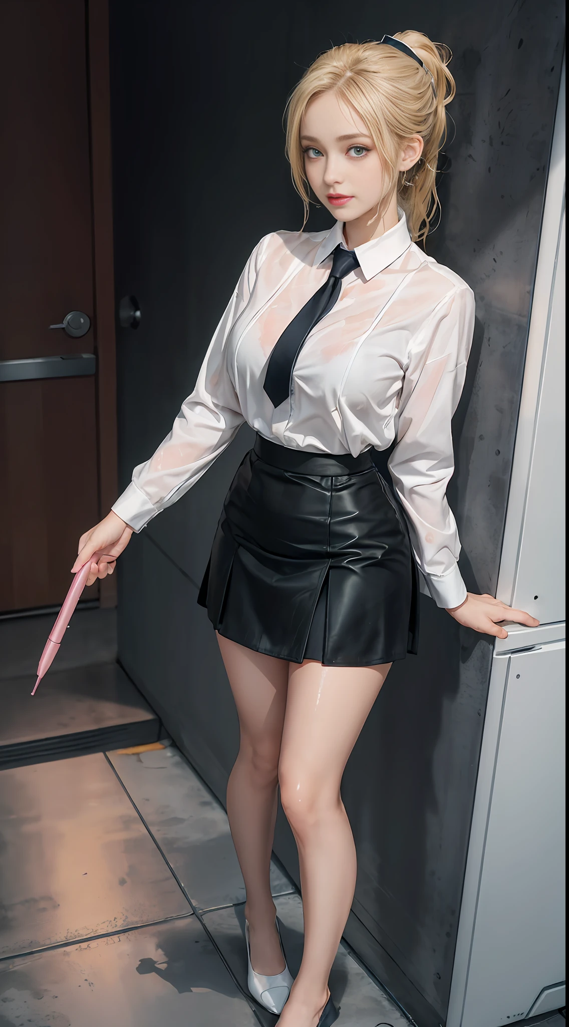 High quality, best quality, masterpiece, 8K, ultra-real, ridiculous, vibrator in panties, 1 girl, office, blonde, business suit, pen holder skirt, standing with legs extended: 1.1, blush, ponytail, wet panties, sitting, wet floor, (open clothes, expose entire breasts, flirt skirt: 1.1),