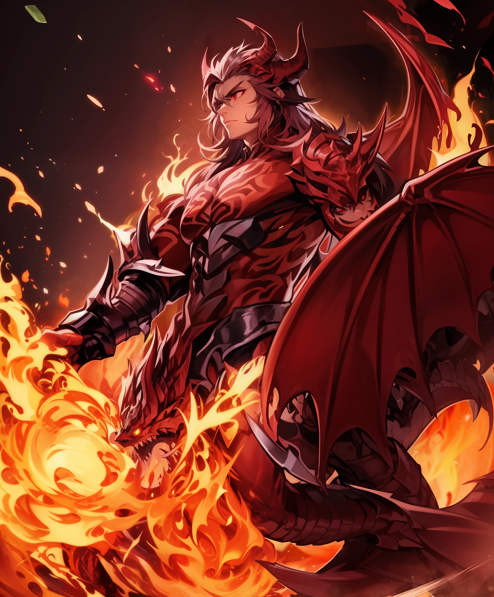 A man, short black hair, pulled towards his back, revealing his forehead, pointy eyebrows, red eyes, aggressive expression on his face, maniac expression, two dark red dragon horns on his head, shirtless, with lots of dark red tattoos, big gauntlets resembling the arms of a dragon, dark red gauntlets, detailed gauntlets, pointy edgy gauntlets, with 2 dark red dragon wings coming out of his lower back, action pose, in the middle of a fight, full body picture, flames surrounding him, flaming background, 8k, best quality