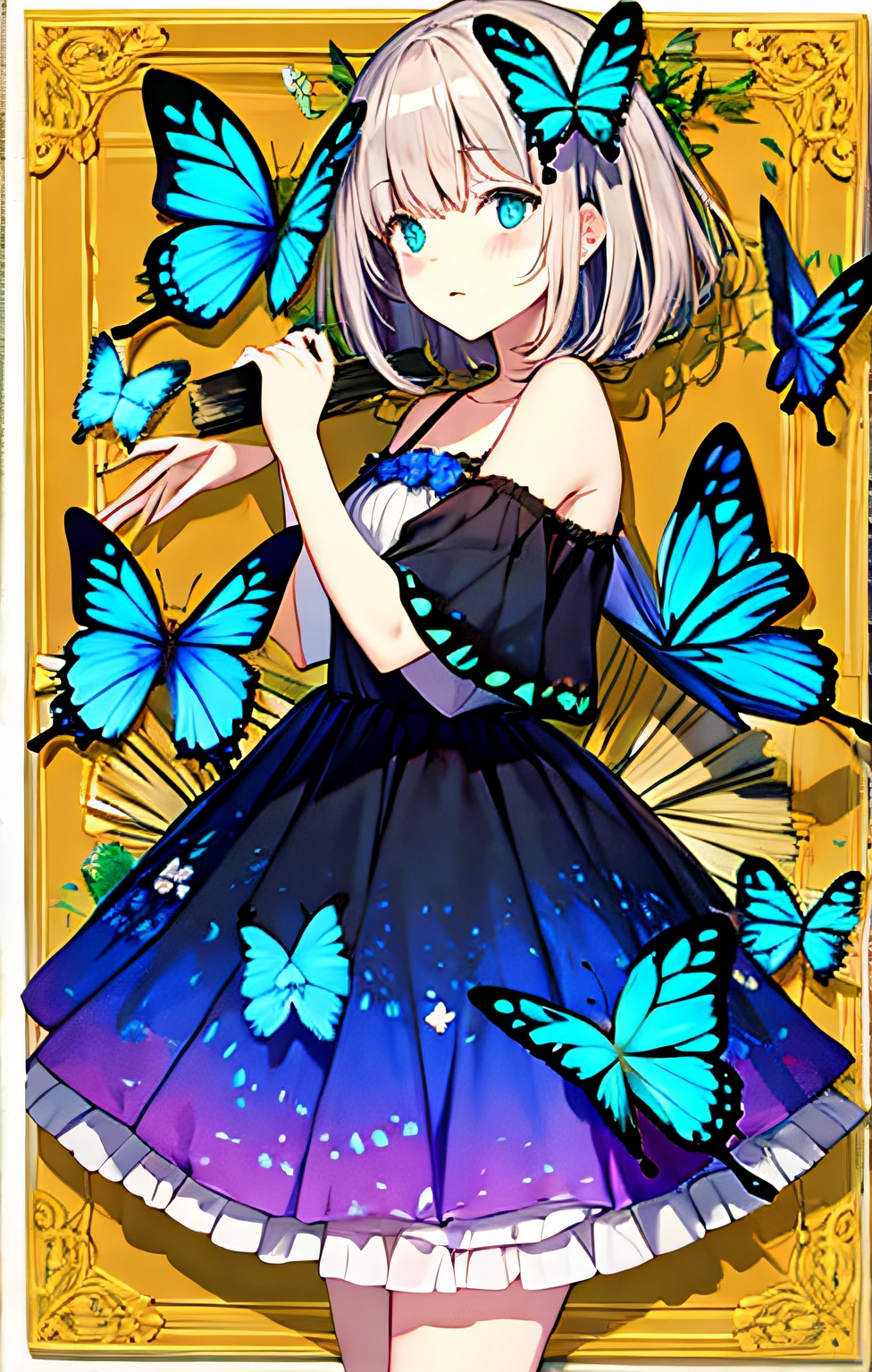 a blue butterfly_hair_ornament, butterfly_net, butterfly_on_hand, butterfly_print, butterfly_wings, glowing_butterfly,