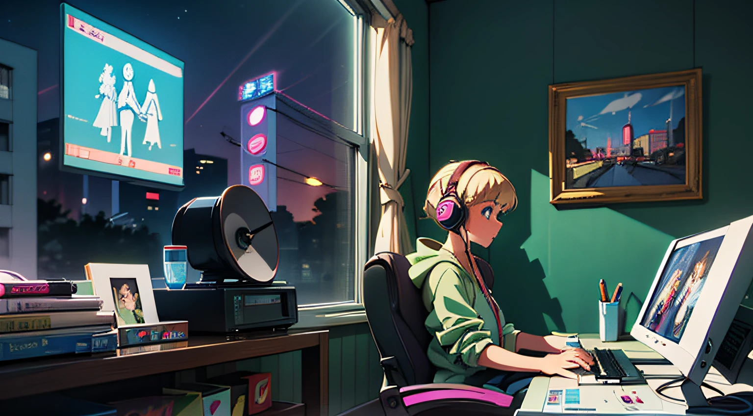 1 girl, 90's anime style, night, studio room, girl with headphones, late night room, listening to music alone, city pop, low quality, lo-fi, chill, late night, room living alone, dark room, outside the window is a night view of the near future, showa, (longshot), wideshot, film noise, old anime, (lots of records:1.3), Vinyl Record Shop, (Masterpiece, Best Quality, Best Quality, Official Art, Beautiful and Aesthetic: 1.2), (Woman Listening to Music With 1 Headphones), Very Detailed, (Fractal Art: 1.4), Best Detail, Guitar, (Notes: 1.4), (Lo-Fi Hip Hop), Side View, Old Anime Texture, Solo, Loudspeaker, Cyberpunk, vinyl, near future, night view, woman sitting in room, woman at computer, woman working at computer, blonde, blue eyes --auto