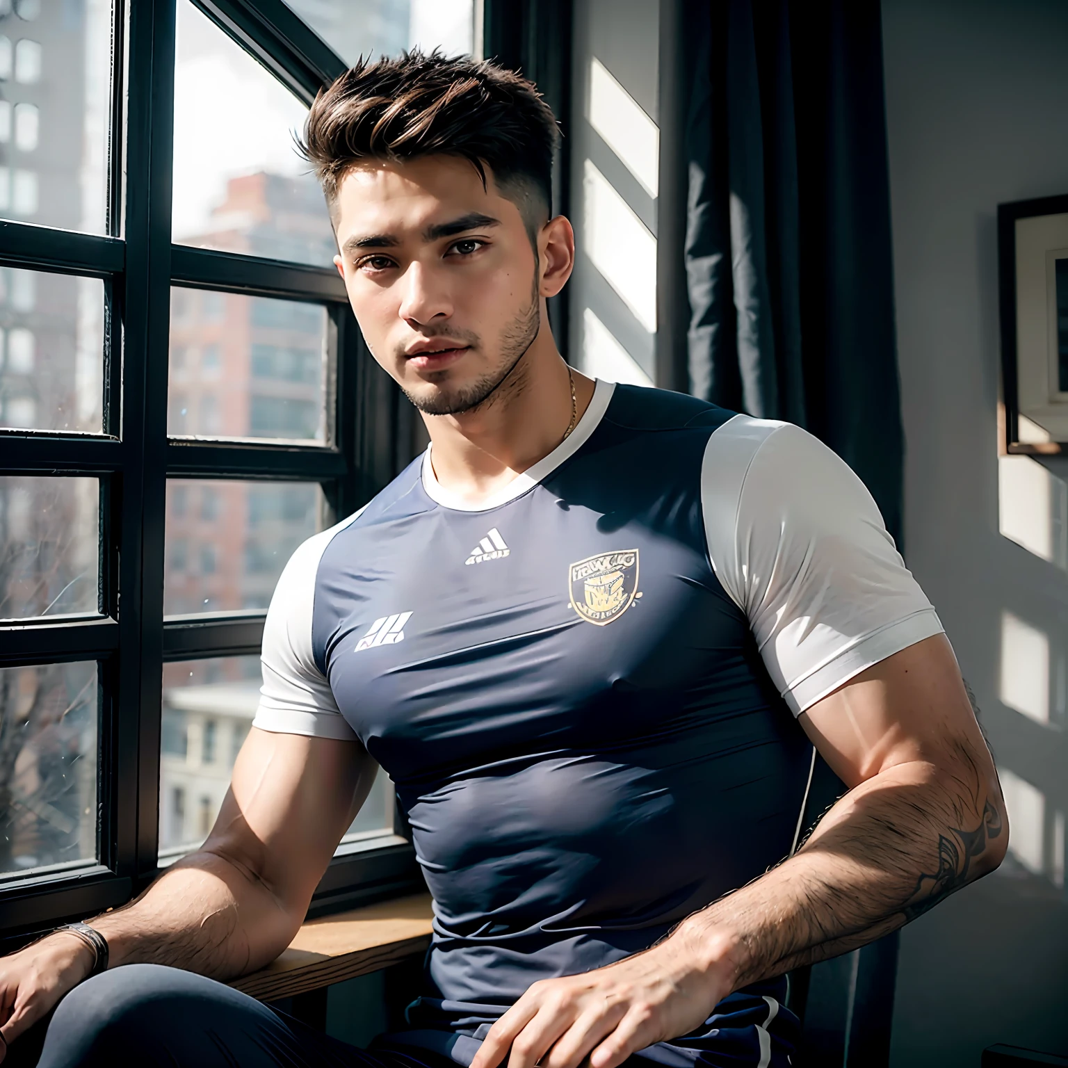 (realistic:1.3), finely detail, quality, rembrandt lighting, (masterpiece:1.2), (photorealistic:1.2), (best quality), (detailed skin:1.3), (detailed detail), dramatic, ray tracing, 1man, man in his 20s, 21 years old, (sun, window, starlight, gym), sportswear, gymwear, short-sleeved tops, one person