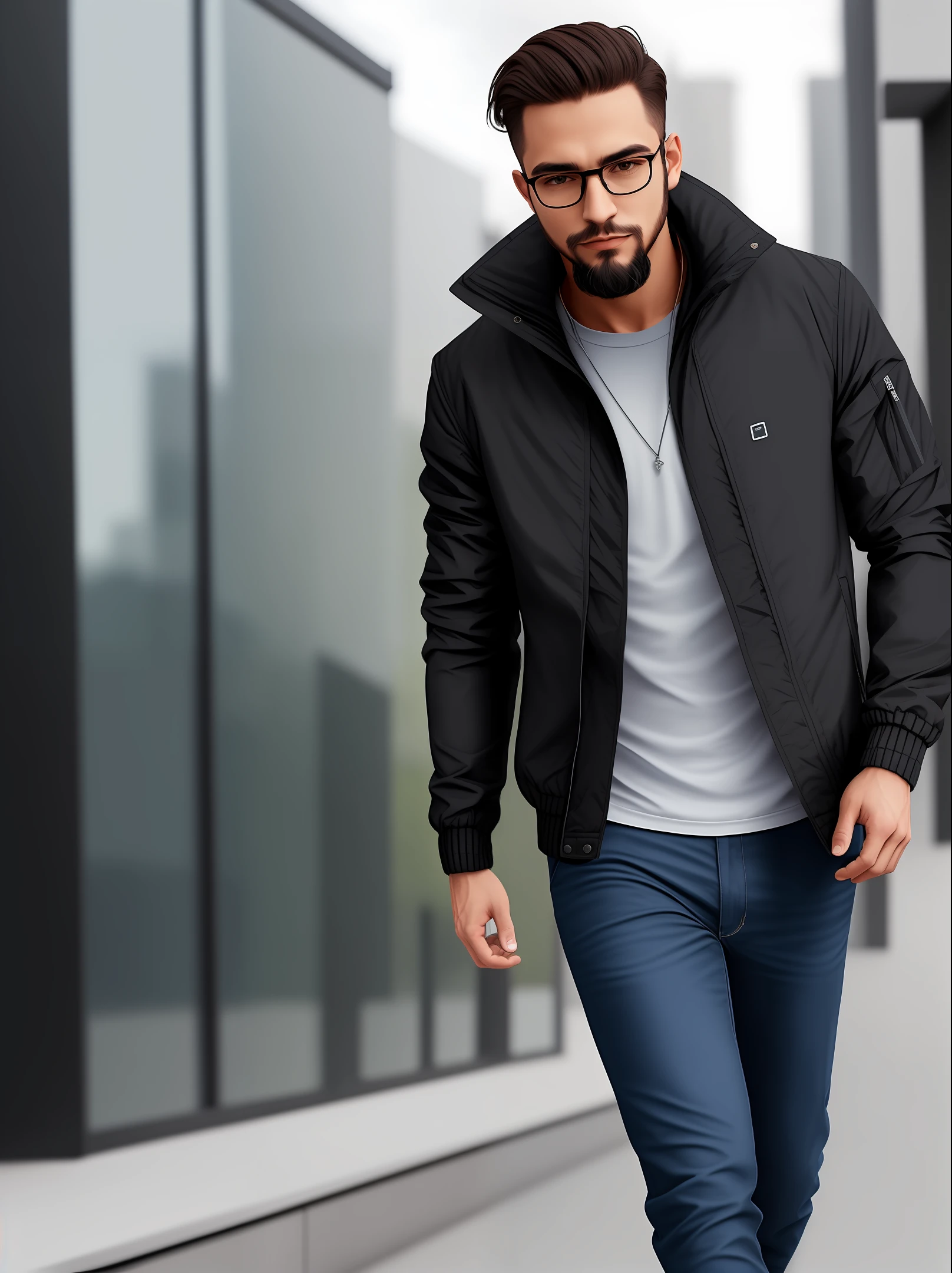 Man wearing black jacket, glasses, full body, goatee beard, photo style Realism