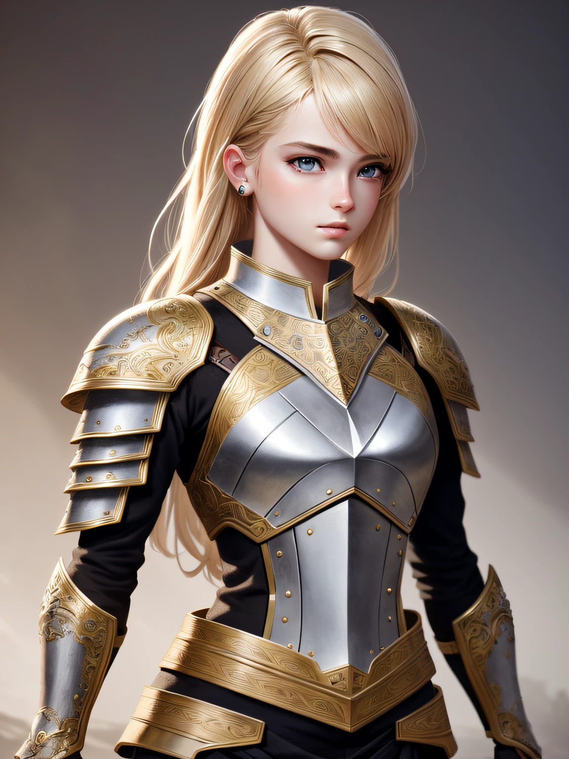 kneeling female knight, portrait, finely detailed armor, intricate design, golden and silver, silk, cinematic lighting, 4k