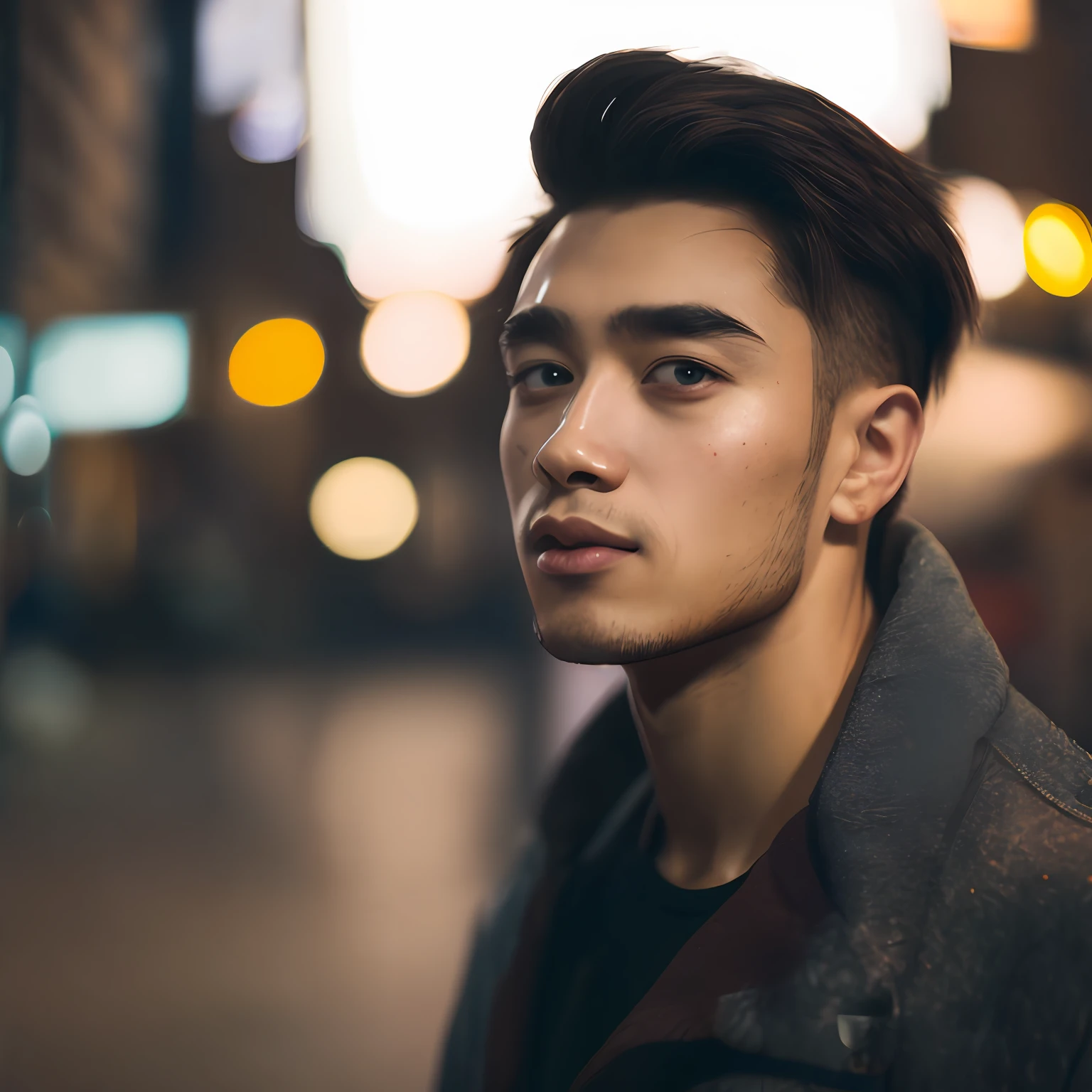 RAW Photo, 25 Years Old Casual Male Portrait Photo, Night, City Street, (High Detail Skin: 1.2), 8k UHD, DSLR, Soft Light, High Quality, Film Granule, Fujifilm XT3 --auto