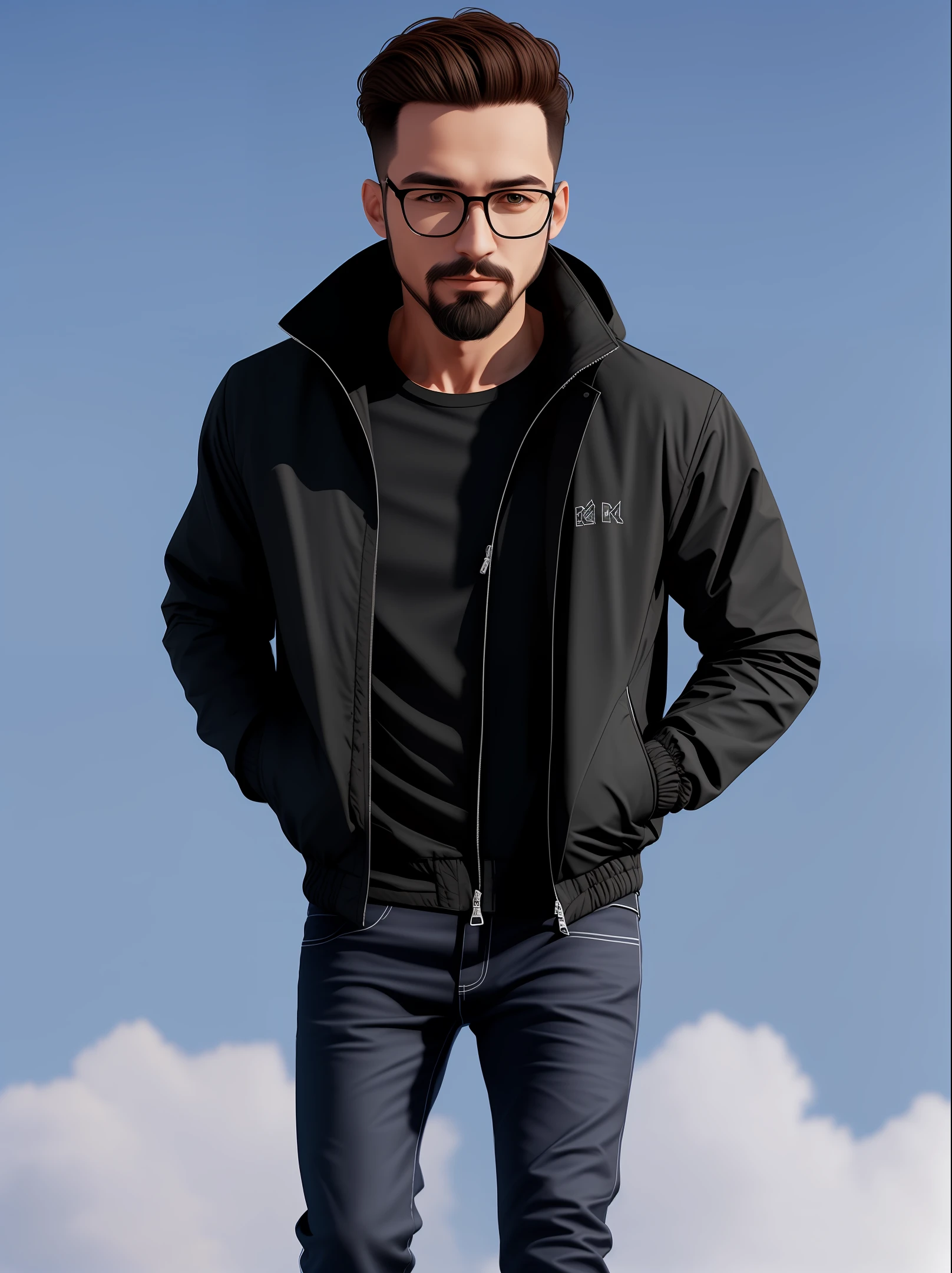 Man wearing black jacket, glasses, full body, goatee beard, photo style Realism