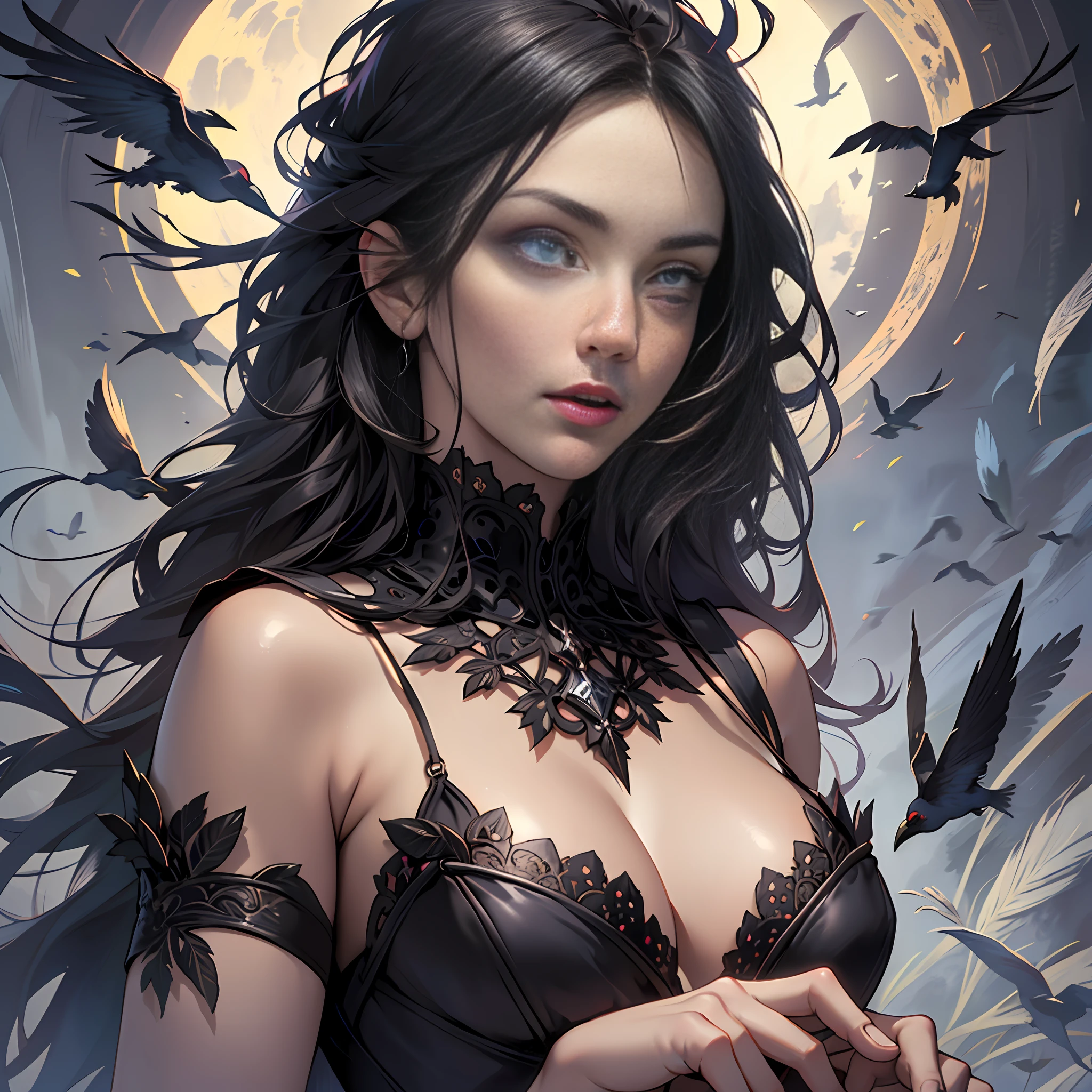 An extremely detailed portrait of an demoniac beautiful gothic vampire woman in a victorian decorum, perfect body, (realistic mature woman), ((detailed Background)), (detailed grey sky), (detailed gothic suit), (detailed eyes). (dramatic lighting), ((Masterpiece)), ((crows)), ((perfect detailed hands)), detailed cloud, ((intricate detail)), (((mature woman))), red Jewel-like eyes, (floating Strands of hair), black long hair, (((smooth skin))), (Haze), moonlight, ((surrounded by floating feathers and leafs)), focus on the subject, chiaroscuro, wind, road, church, HD wallpaper, UHD image --auto --s2