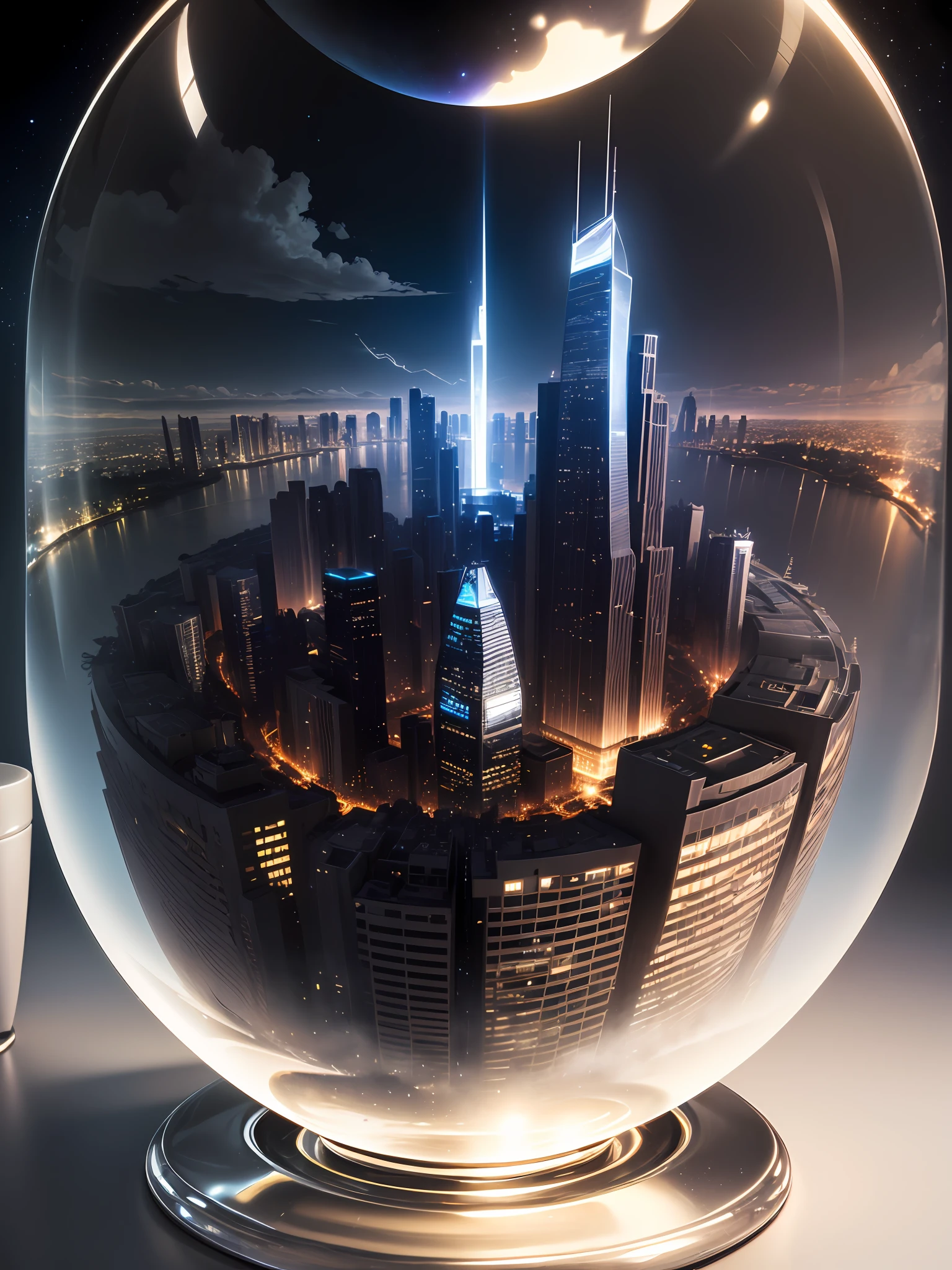 Ultra-realistic, 16K high resolution, (Max Sharp Focus: 1.3), (Max Close-up: 1.5), (Night view of futuristic city trapped in crystal ball with pedestal on table: 1.7), (River, Shine Light, Black Clouds, Milky Way, White Mist: 1.5),