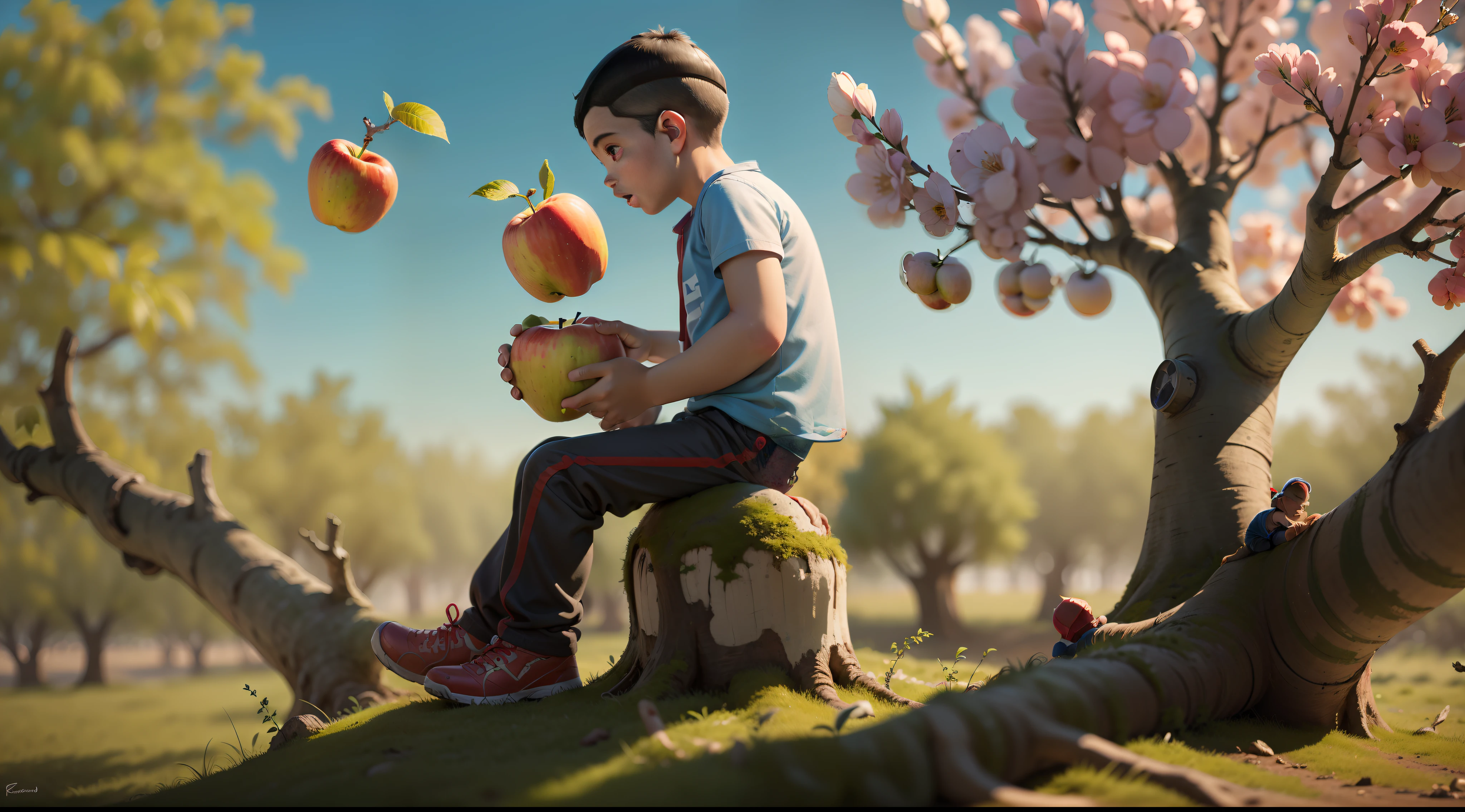 Boy playing on an apple tree, ultra realistic