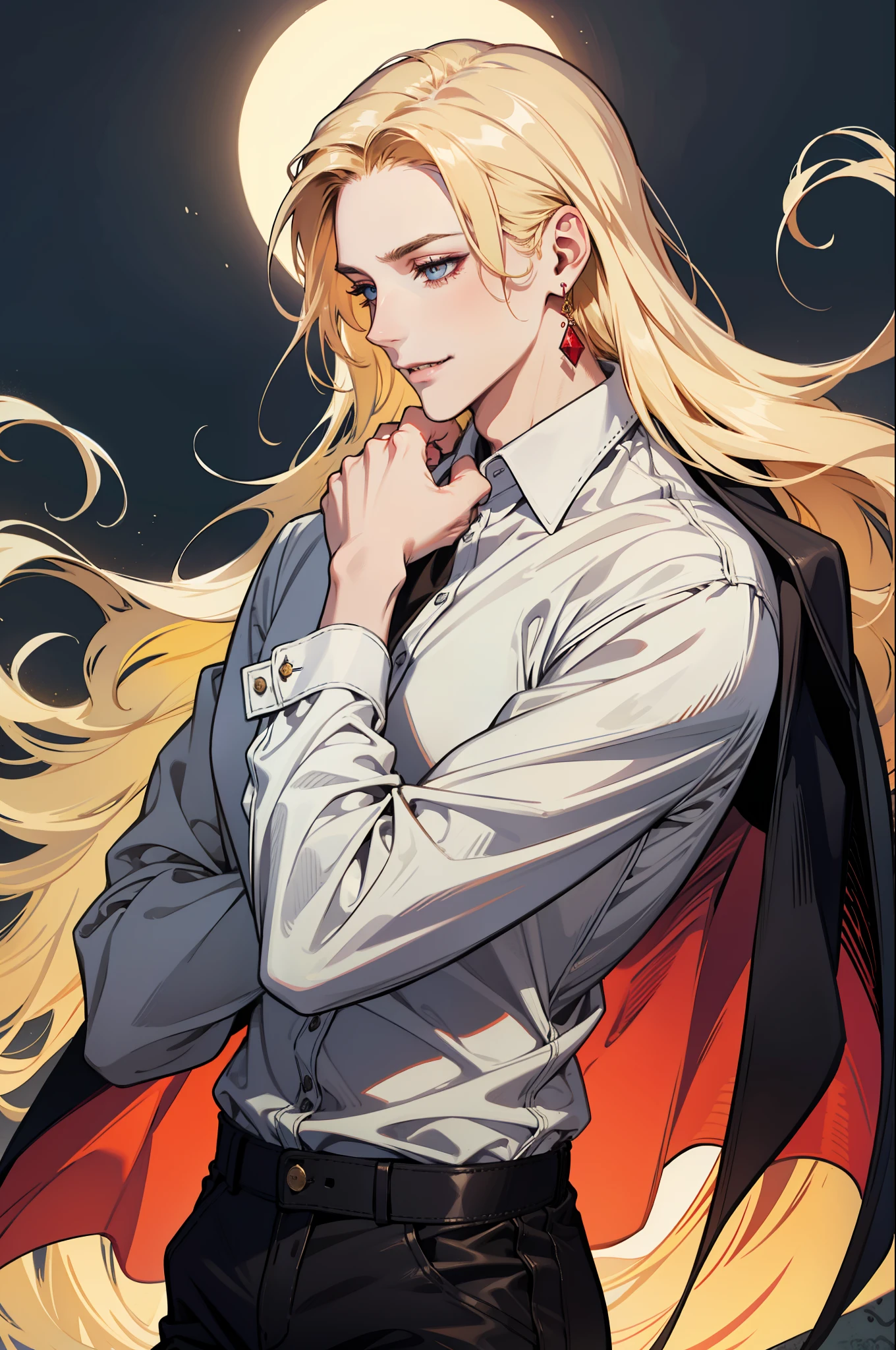 (absurdres, highres, ultra detailed), 1man, 30 years old man, adult man, handsome, tall,, finely detailed eyes and detailed face, leather pants, (((white shirt))), night, smile, dutch angle, ((long hair, blonde hair)), moon, gold details, earrings, gothic, vampire, vampire prince, dark, simple clothes, looking at the view, pale skin, red detailed eyes, (masculine), sexy, elegant, long bangs, detailed hands