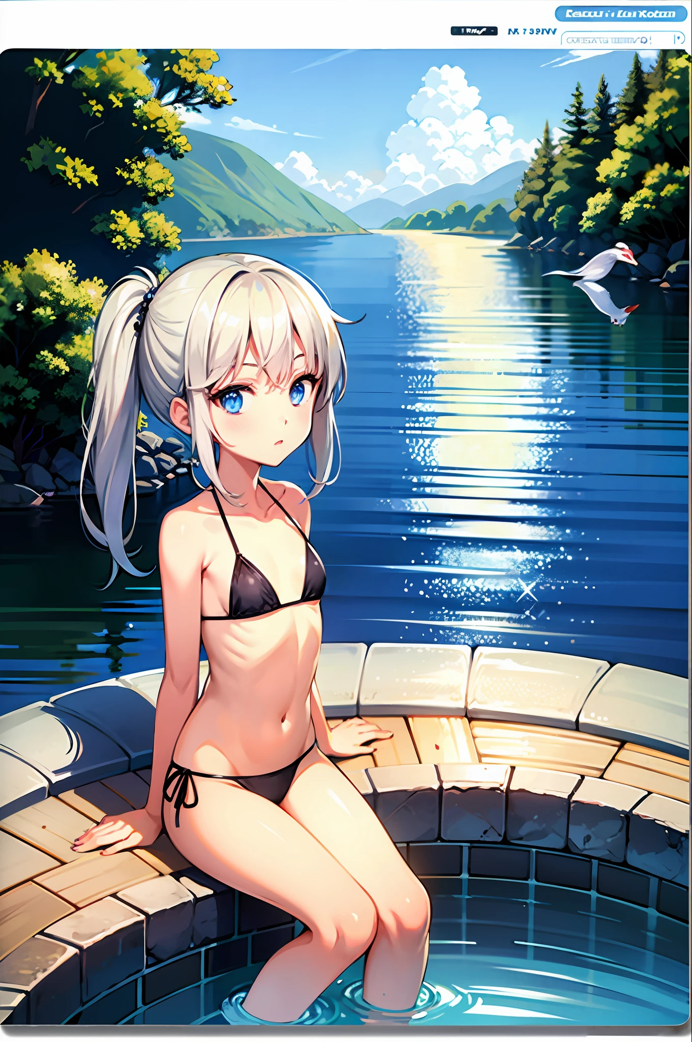 1girl, li, ocean, bikini, urine, seagull, flat chest, white hair, high quality, high resolution, dull hair, blue eyes