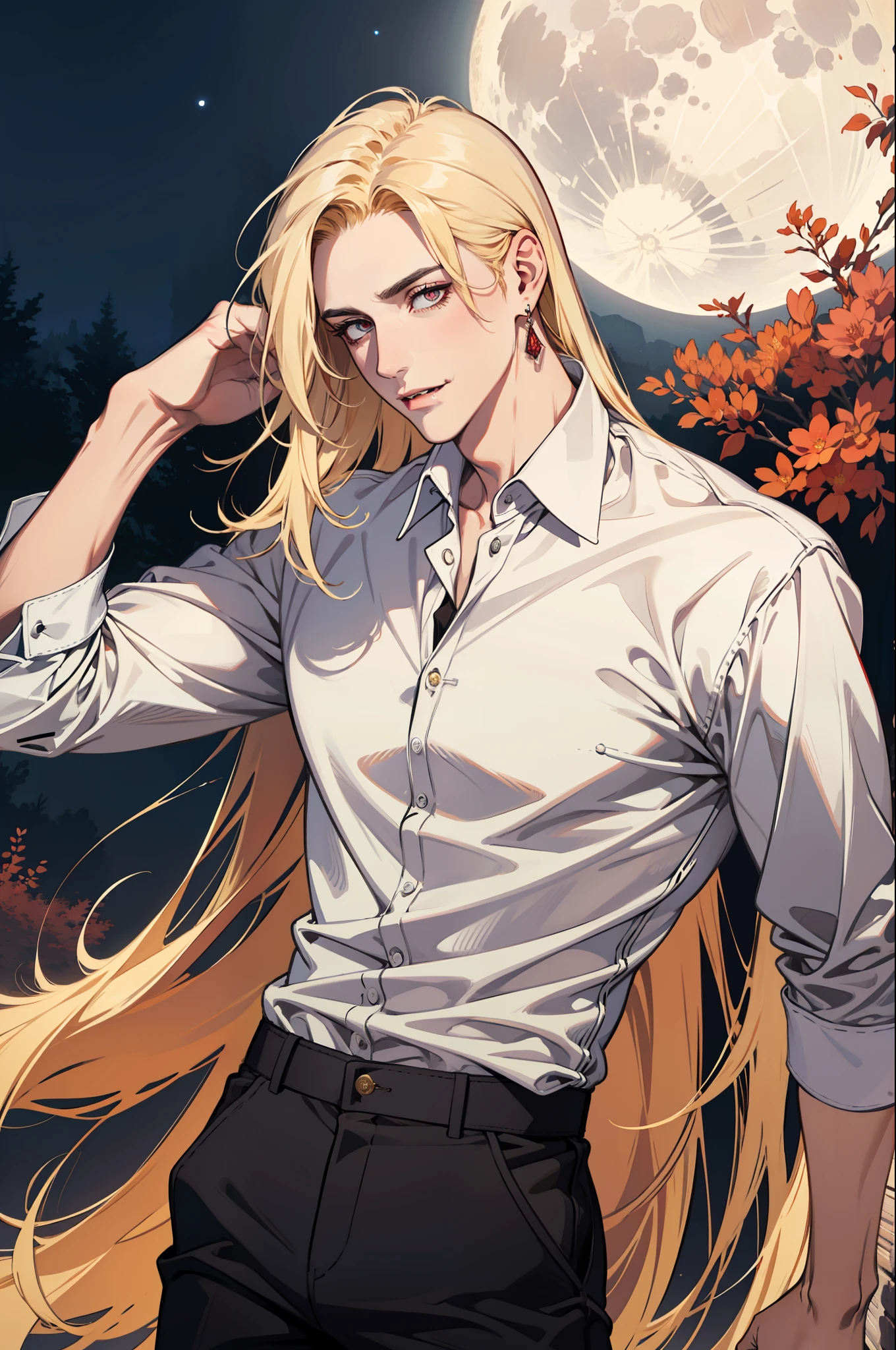 (absurdres, highres, ultra detailed), 1man, 30 years old man, adult man, handsome, tall,, finely detailed eyes and detailed face, leather pants, (((white shirt))), night, smile, dutch angle, ((long hair, blonde hair)), moon, gold details, earrings, gothic, vampire, vampire prince, dark, simple clothes, looking at the view, pale skin, red detailed eyes, (masculine), sexy, elegant, long bangs, detailed hands