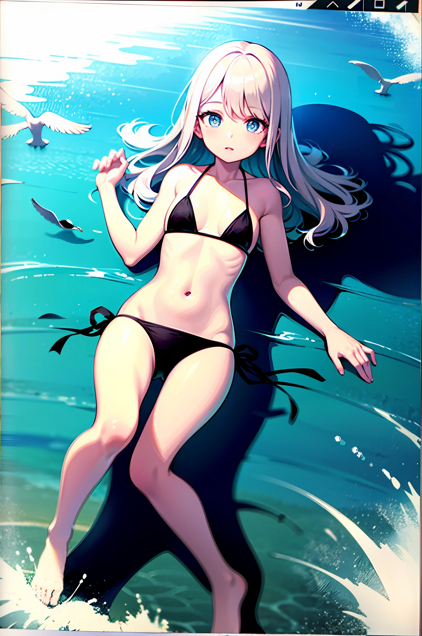 1girl, , ocean, bikini, urine, seagull, flat chest, white hair, high quality, high resolution, dull hair, blue eyes