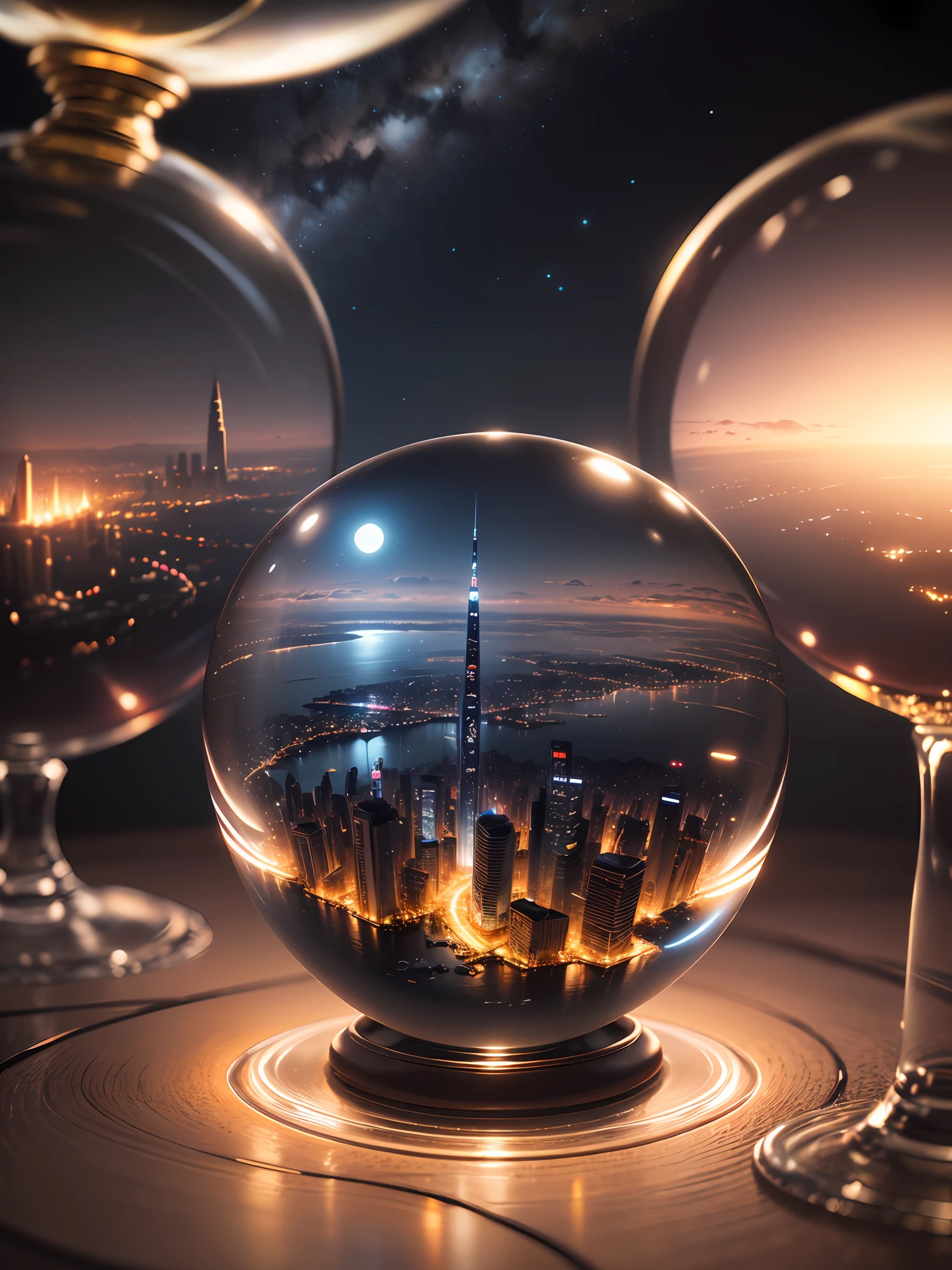Ultra-realistic, 16K high resolution, (Max Sharp Focus: 1.3), (Max Close-up: 1.5), (Night view of futuristic city trapped in crystal ball with pedestal on table: 1.7), (River, Shine Light, Black Clouds, Milky Way, White Mist: 1.5),