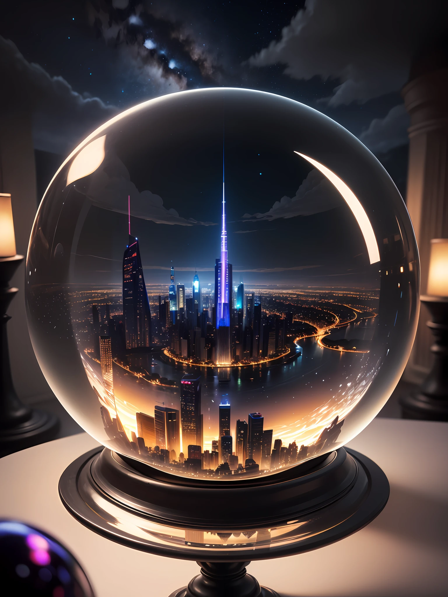 Ultra-realistic, 16K high resolution, (Max Sharp Focus: 1.3), (Max Close-up: 1.5), (Night view of futuristic city trapped in crystal ball with pedestal on table: 1.7), (River, Shine Light, Black Clouds, Milky Way, White Mist: 1.5),