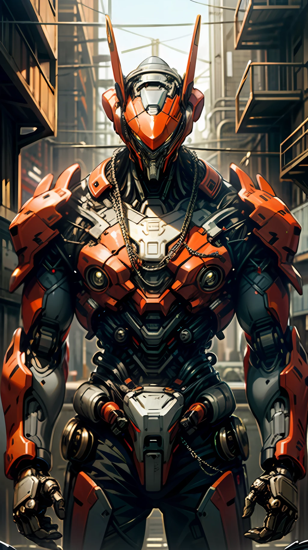 Dark_Fantasy,Cyberpunk,(chain saw,chain saw man,Red:1.1),1man,Mechanical marvel,Robotic presence,Cybernetic guardian, wearing a worn-out mech suit, intricate, (steel metal [rusty]), elegant, clear focus, shot by greg rutkowski, soft lighting, vibrant colors, masterpiece, ((street)), cowboy shot, dynamic pose,