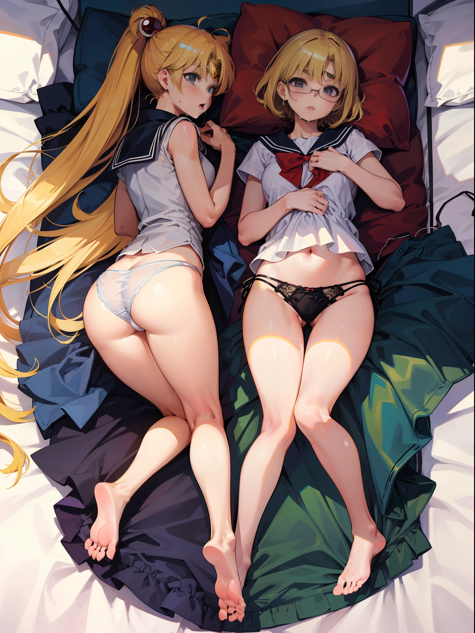 Sailor Moon, lying on the bed pouting ass looking back, lewd, sweaty crotch, view of being stepped on, soles of feet, full body, glasses, hands on chest, legs open, legs forked, expression enjoyment, tongue sticking, red face, panting, panting panty, panties running water, drooling, 8k, best quality, masterpiece, illustration, very delicate and beautiful, very detailed, CG, unified, wallpaper, (realism, realism: 1.37), amazing, fine details, masterpiece, best quality, official art, very detailed CG uniform 8k Wallpaper, full body, best quality, transparent underwear, transparent panties, tulle underwear, tulle panties, white underwear panties, feet facing the audience, soles of feet, can see the soles of the feet, blonde hair, thongs, no tops, no pants, brushed, wet all over