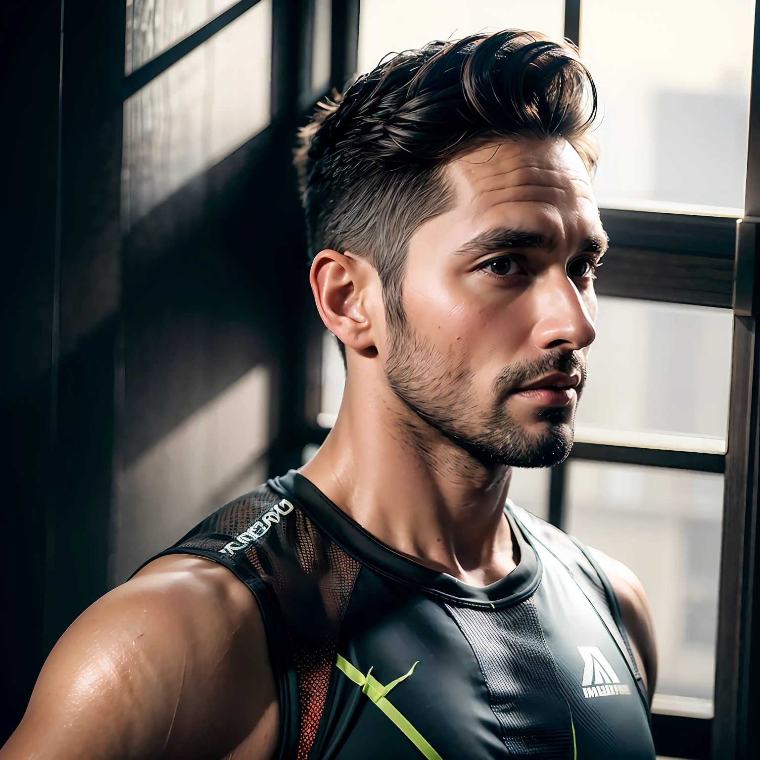 (realistic:1.3), finely detail, quality, rembrandt lighting, (masterpiece:1.2), (photorealistic:1.2), (best quality), (detailed skin:1.3), (detailed detail), dramatic, ray tracing, 1man, man in his 30s, 35 years old, (sun, window, starlight, gym), sportswear, gym, one person