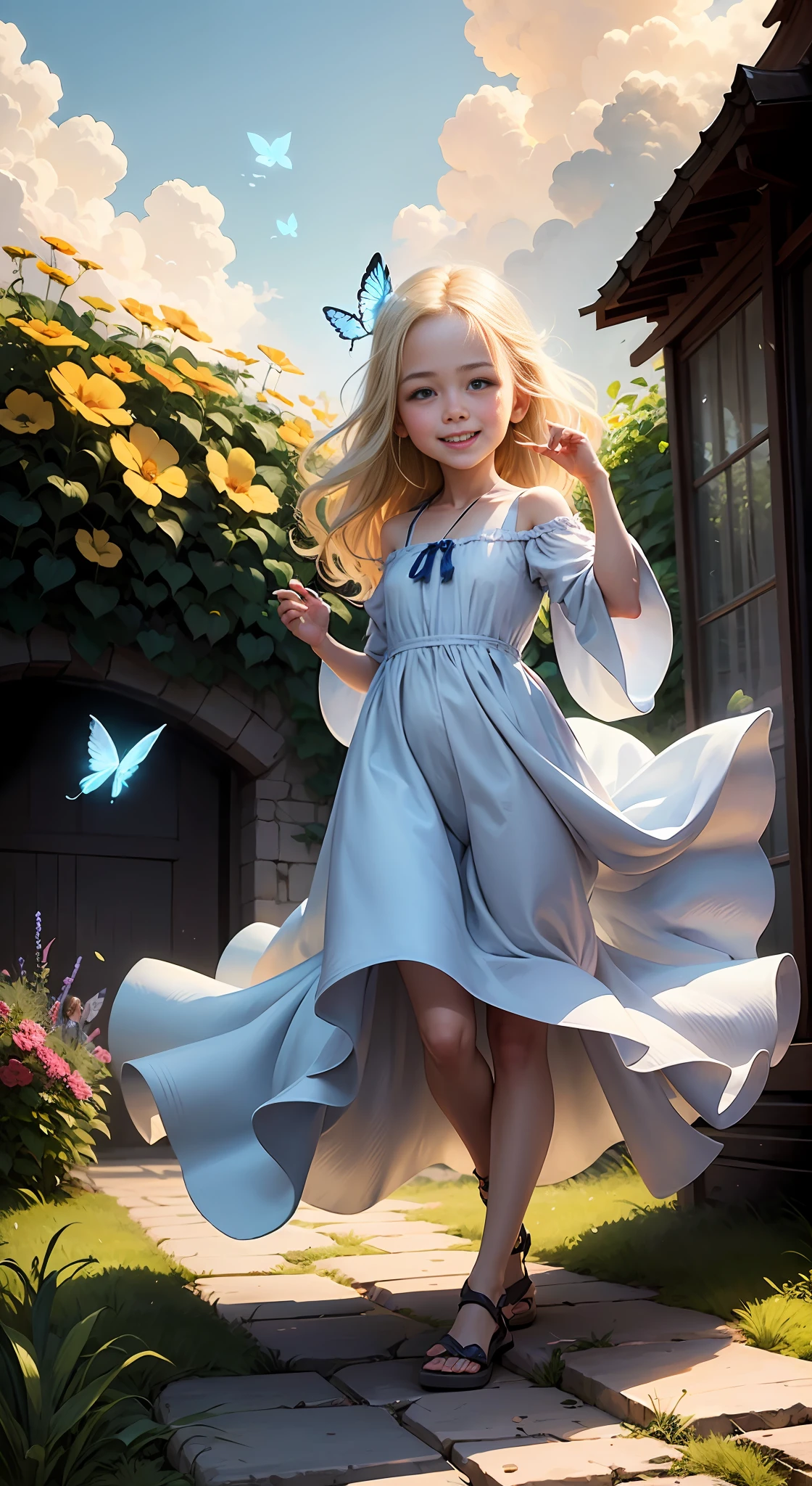 Illustration of a girl, 1 blonde child of 10 years, "happy" in an enchanted flower garden, wearing long dress of braco and blue color, blue sky of clouds, playing with butterflies, beautiful illustration, beautiful UHD 4k art, a beautiful art illustration, art in the style of guweiz, atey ghailan 8K, artgerm and atey ghailan, girl,  1 blonde child of 10 years, wearing long dress of white and blue color, happy in an enchanted flower jadim, playing with butterflies, (butterflies). (best quality, masterpiece), pose, particles, wind, flower, full body, enchanted garden background, looking at the butterflies. --auto