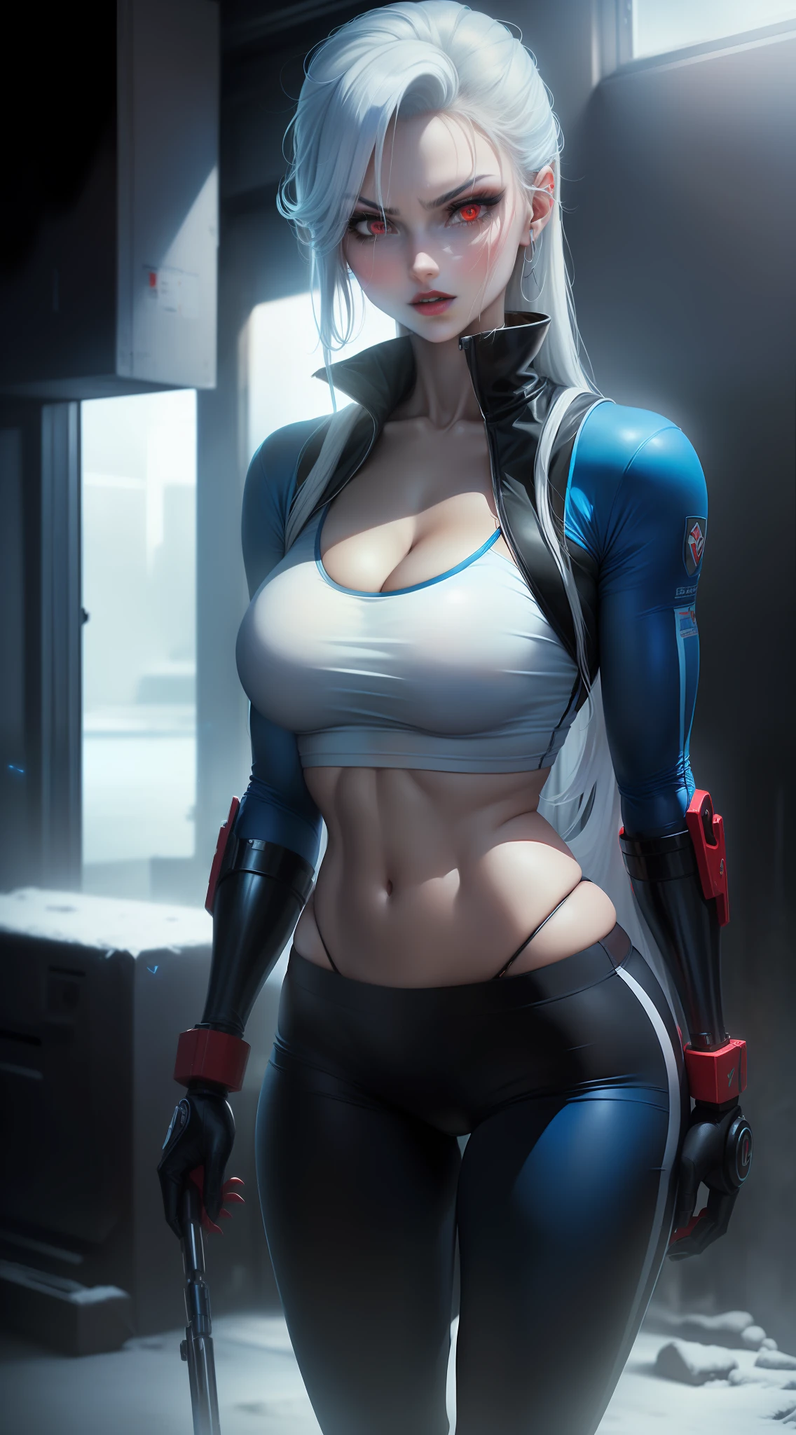 ((19-year-old woman, with a mechanical arm with blue lights, long, white hair, bright red eyes, with a serious expression, thick thighs, big ass)), ((wearing a white top with neckline and black and blue sweatpants, blue lips, pale skin)) on a military base on ice