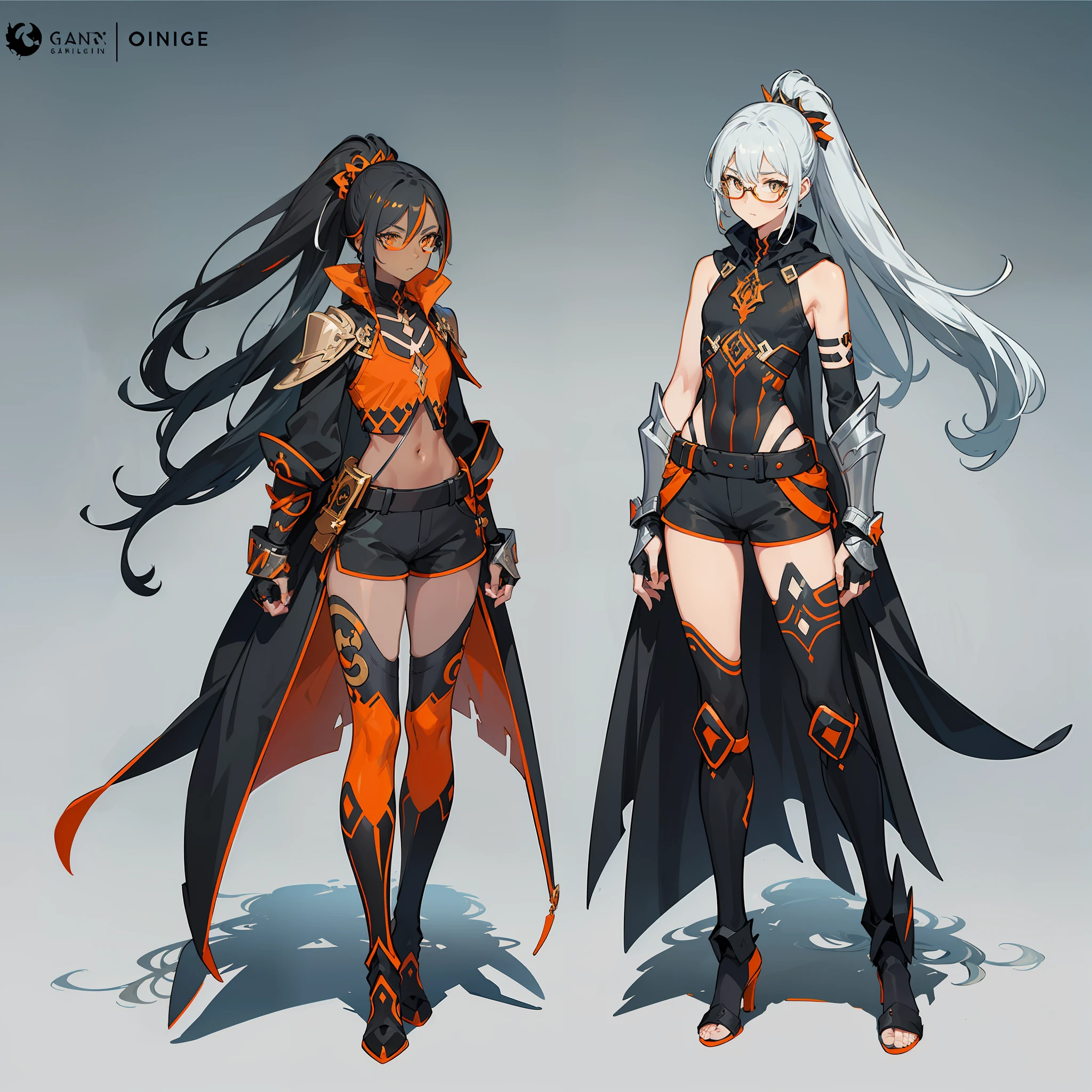 (((Concept Art))), (((Flat chest))) Female, (((Dark Skin)))), Black Hair with Ponytail, Light Blue Eyes, Round Glasses with Dark Lens with this Lens being Orange, and Light Blue Color Frame, ((((Black Metallic Gauntlets and Greaves with Orange and Silver Highlights)))), (((The Clothes Have a Mix of Modern and Tribal)))), Having Mostly Black Color, but with Orange Parts, Shoulders on display, On the hip a black shorts that extend to the middle of the thigh.