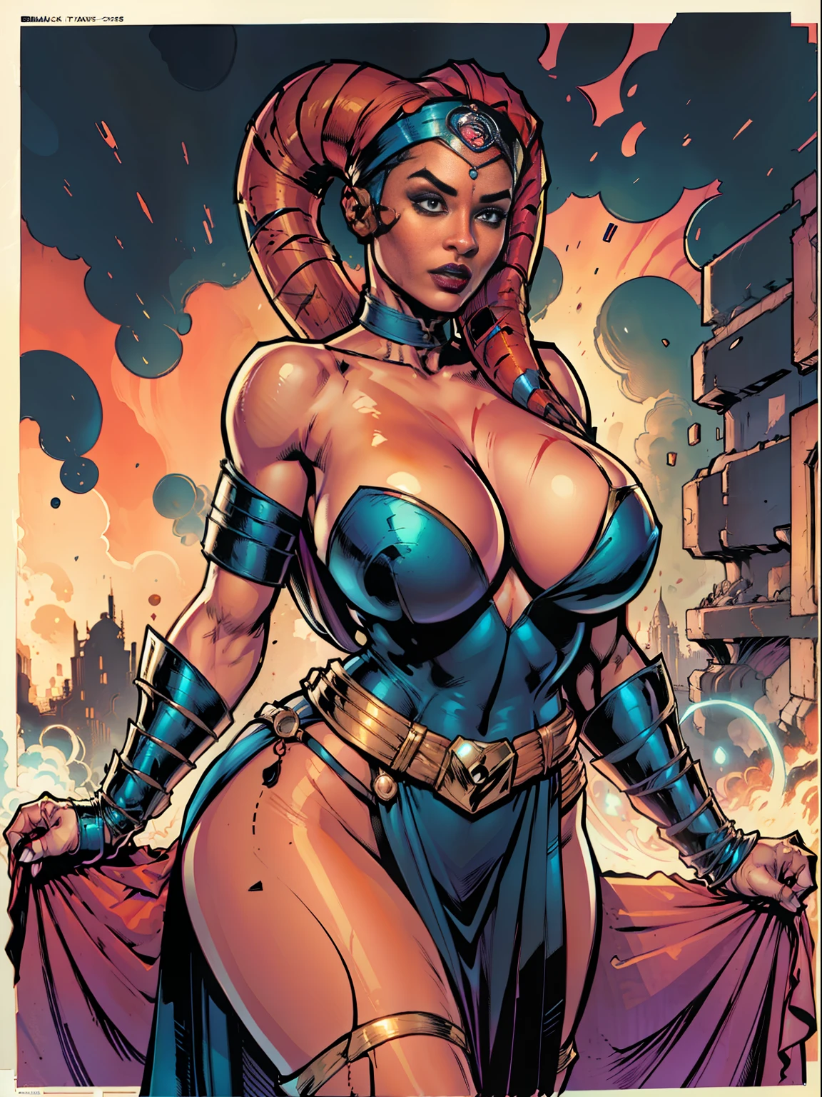 red skin Twi'lek wearing black tunic and sash, dress, comics, art style, huge breasts