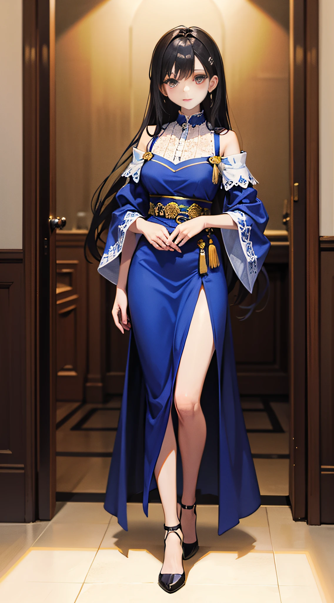 Slender beauty in indigo blue national costume, full body, masterpiece