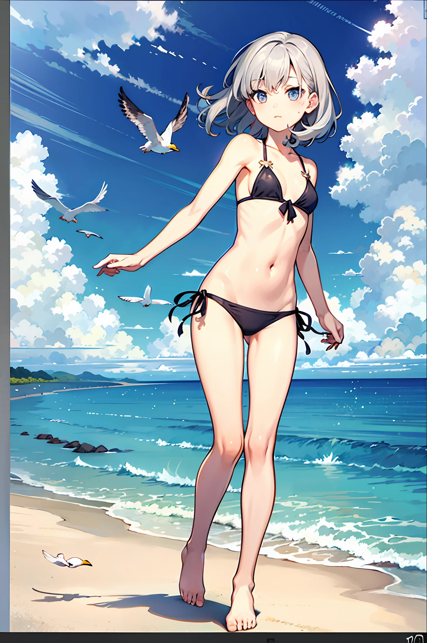 1girl, loli, ocean, bikini, urine, seagull, flat chest, gray hair, high quality, high resolution, dull hair