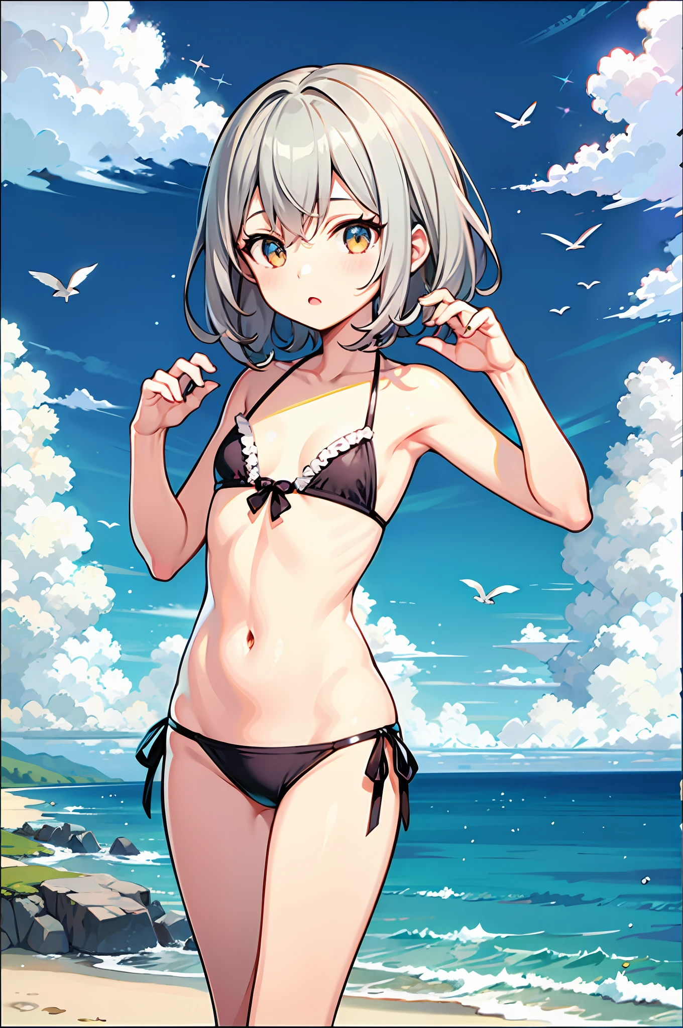 1girl, li, ocean, bikini, urine, seagull, flat chest, gray hair, high quality, high resolution, dull hair