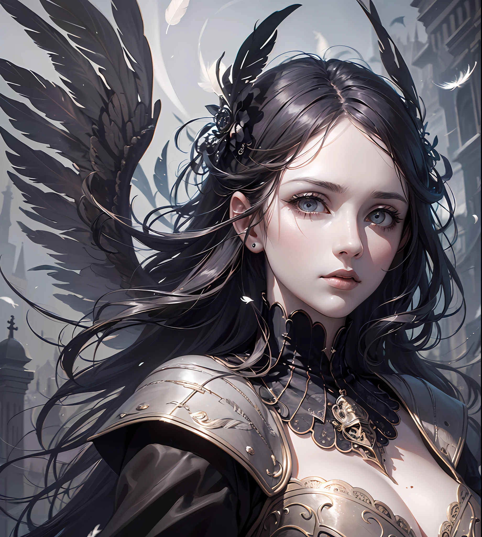 An extremely detailed portrait of an demoniac beautiful gothic vampire woman in a victorian decorum, perfect body, (realistic mature woman), ((detailed Background)), (detailed grey sky), (detailed gothic suit), (detailed eyes). (dramatic lighting), ((Masterpiece)), ((crows)), ((perfect detailed hands)), detailed cloud, ((intricate detail)), (((mature woman))), red Jewel-like eyes, (floating Strands of hair), black long hair, (((smooth skin))), (Haze), moonlight, ((surrounded by floating feathers and leafs)), focus on the subject, chiaroscuro, wind, road, church, HD wallpaper, UHD image --auto --s2