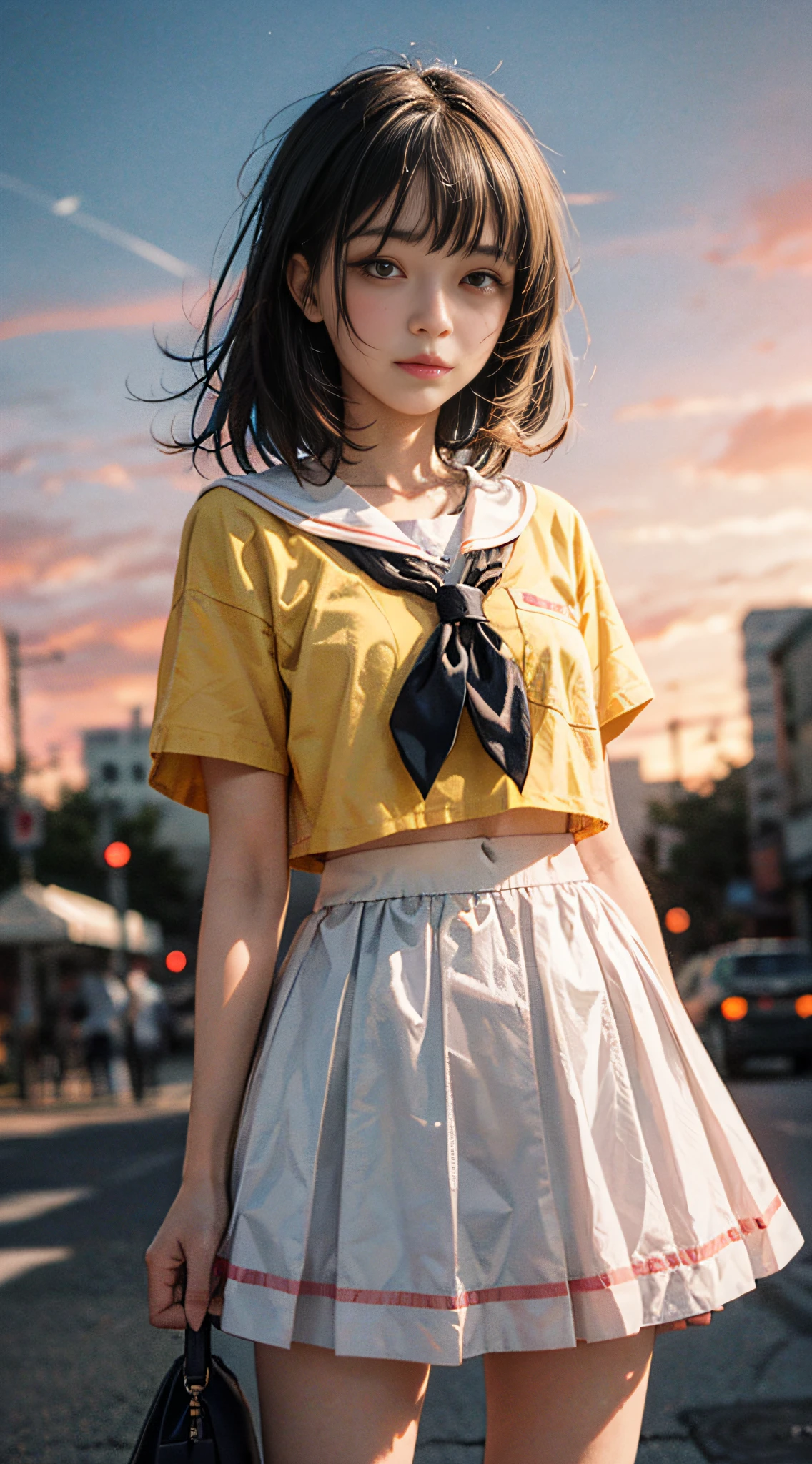 Masterpiece, Best Quality, Illustration, Sunset, Orange Sky, Outdoor School, 1girl, Standing, Skinny, Detailed Messy Gray Hair, Reduced Yellow Eyes, Eye Bags, Serafuku, High-waisted Pink Skirt, Shame, Blush