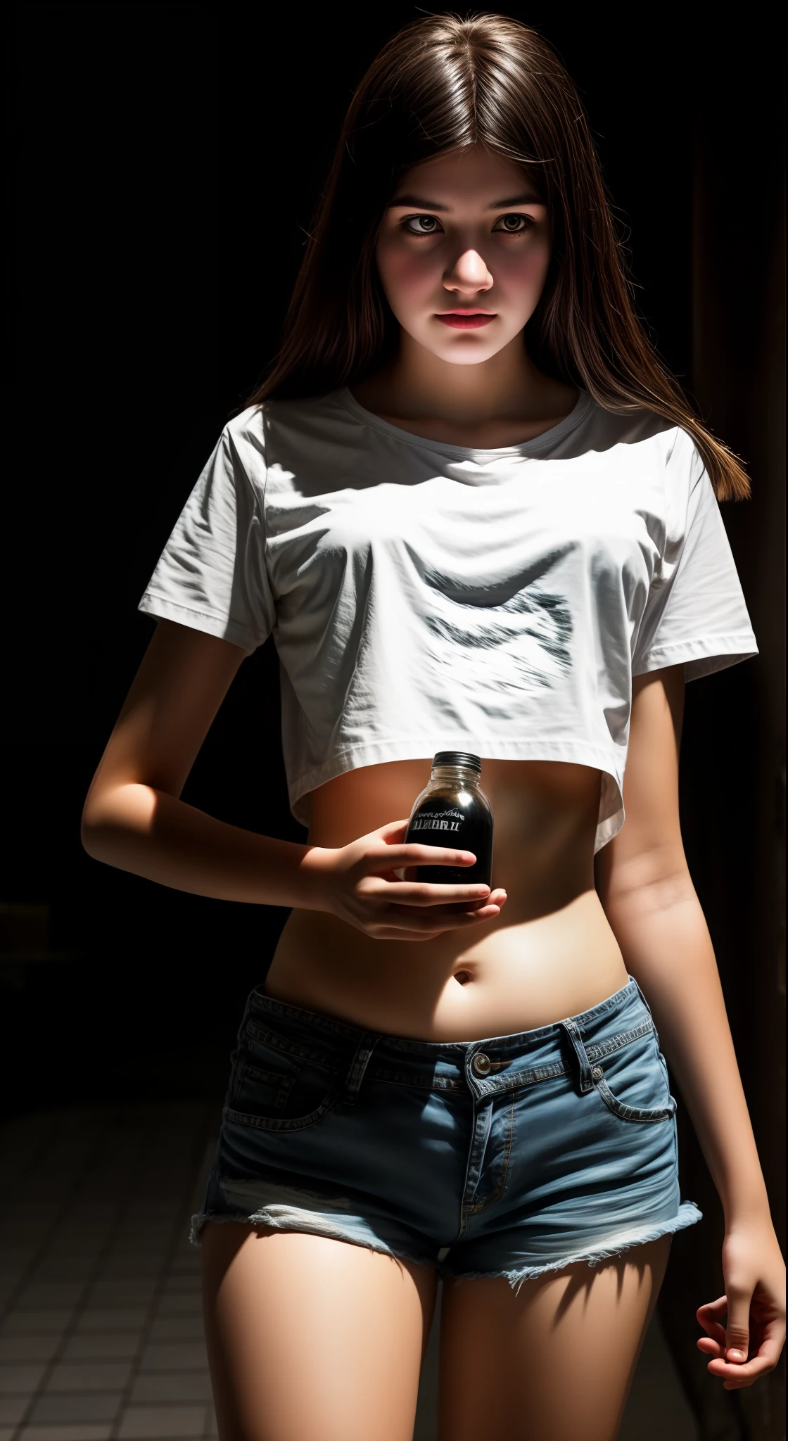 Karen, 1girl, teenager, holding bottle, holding medicine, brunette, long black hair, light eyes, wearing short jean shorts, very short, white t-shirt, belly out, photorealistic, dark studio, rim lighting, two-tone lighting, (high detailed skin: 1.2), 8k uhd, dslr, soft lighting, high quality, volumetric lighting, candid, photography, high resolution, 4k, 8k, Bokeh