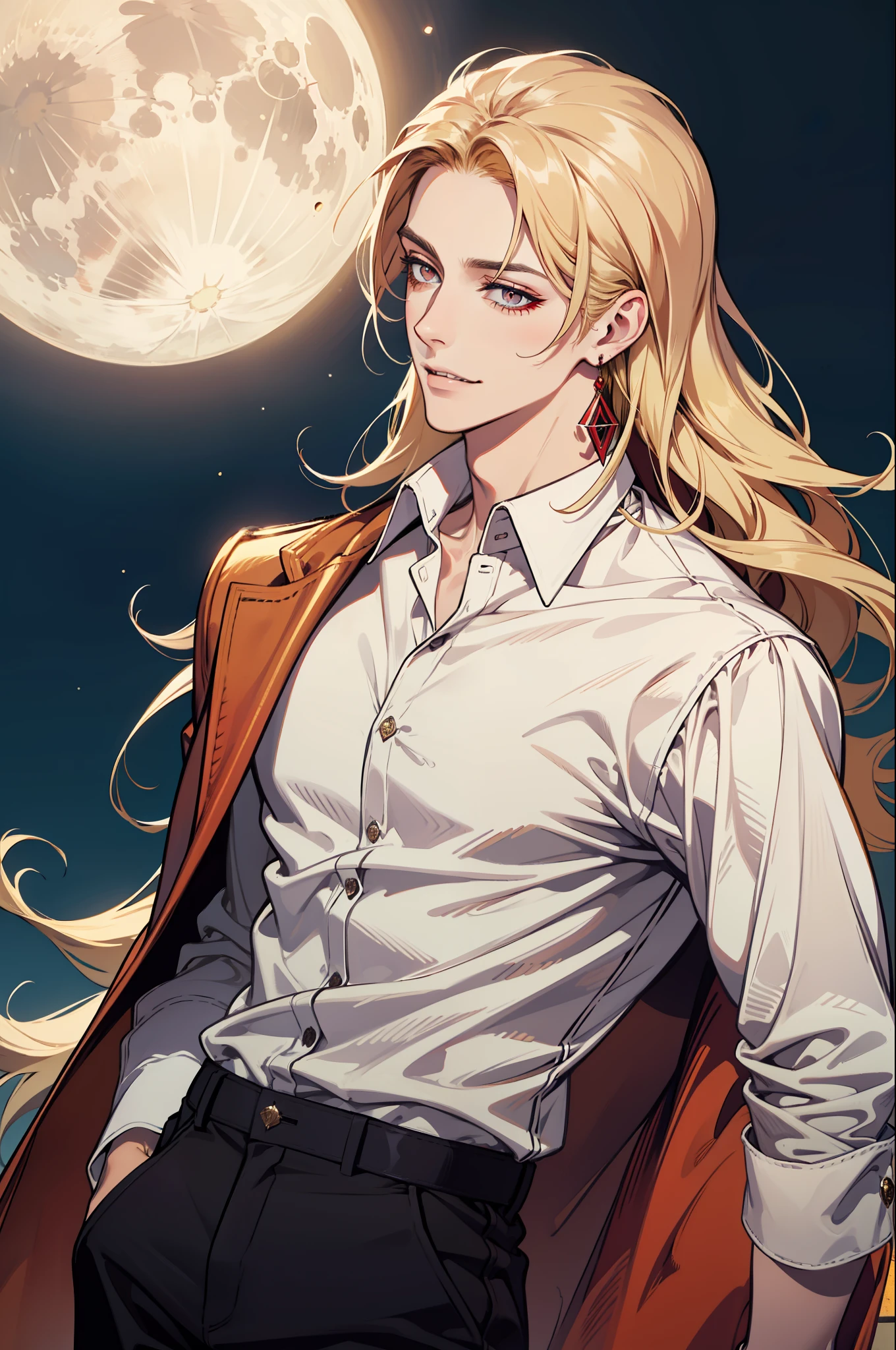 (absurdres, highres, ultra detailed), 1man, 30 years old man, adult man, handsome, tall,, finely detailed eyes and detailed face, leather pants, (((white shirt))), night, smile, dutch angle, ((long hair, blonde hair)), moon, gold details, earrings, gothic, vampire, vampire prince, dark, simple clothes, looking at the view, pale skin, red detailed eyes, (masculine), sexy, elegant, long bangs, detailed hands