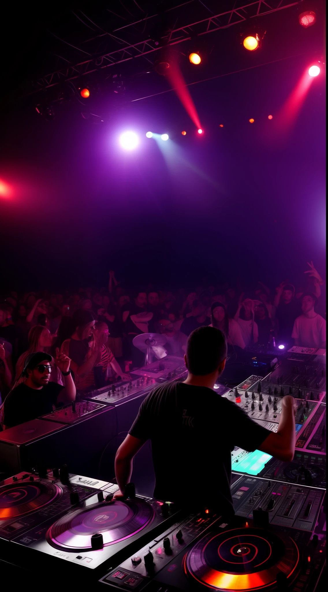 Baile funk, lots of people, dj, sound equipment, show, all dancing
