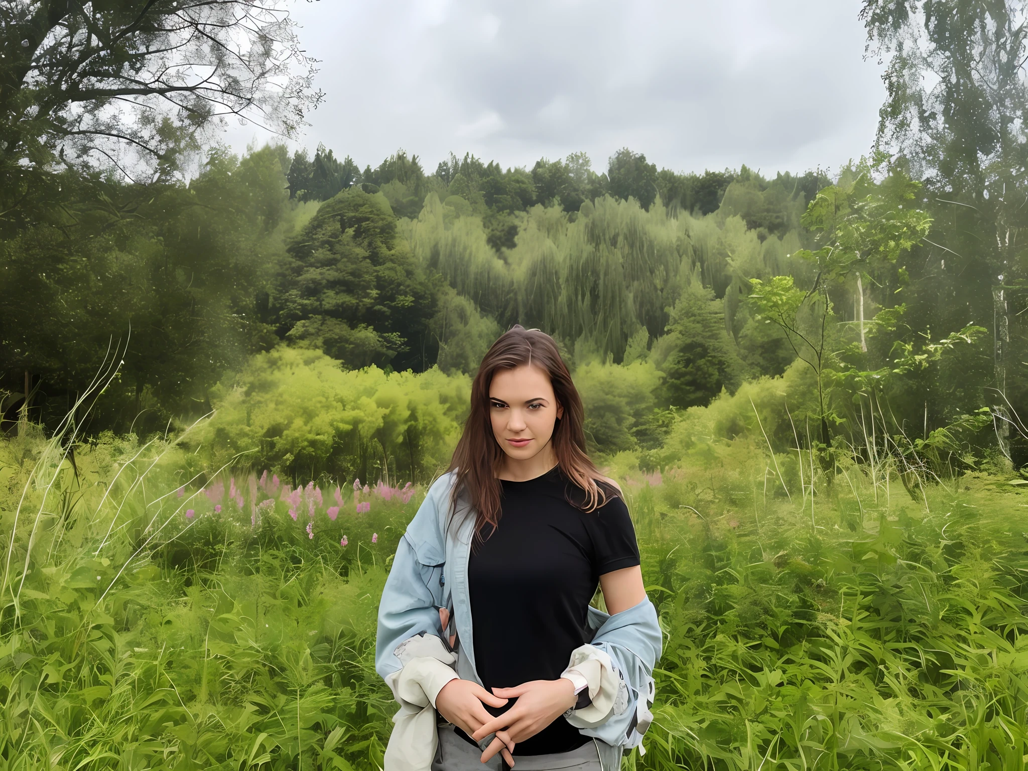 arafed woman standing in a field of tall grass and trees, in front of a forest background, trees in the background, in front of an amazing forest, meadow in the background, forest in the background, against the backdrop of trees, standing in the forrest, standing in the forest, standing in a forest, in a field, in the countryside
